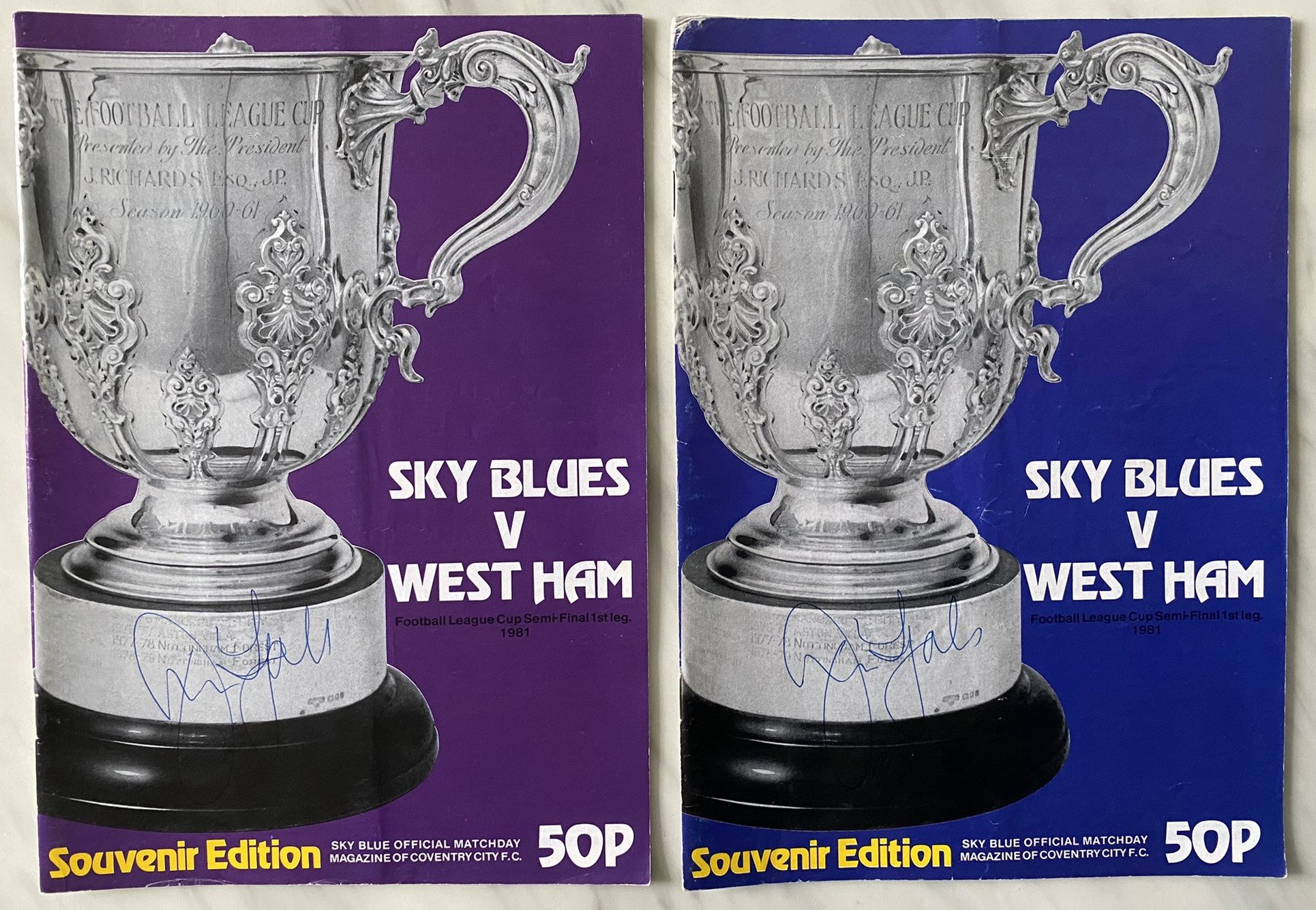 John Lyalls 1981 Rare League Cup Final Football Momentos: Semi final programme at Coventry. Both the standard blue colour and the mysterious purple version. Photo of Lyall and Liverpool manager Paisley leading the teams out signed by Lyall. Newspaper cuttings kept by his wife relating to the poor refereeing of Clive Thomas.