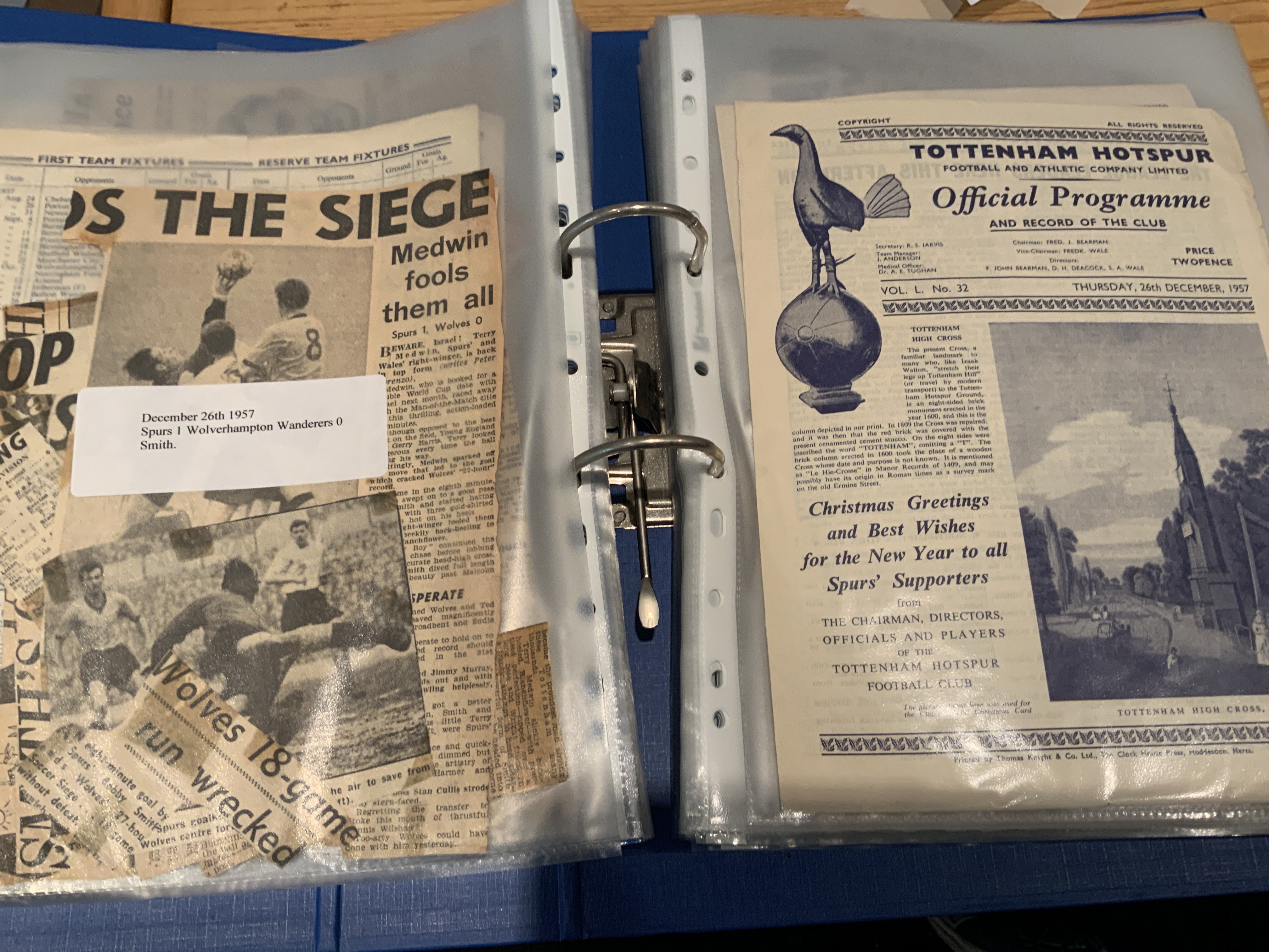 Tottenham 55/56 - 60/61 Football Programmes With Match Reports: 55/56 x 26, 56/57 x 25, 57/58 x 29, 58/59 x 28, 59/60 x 25, 60/61 x 27. From 57/58 every programme comes with many loose match reports removed from newspapers and would make a great scrapbook considering it includes the double season. Programmes include friendlies and practice matches. Previous owner has listed the 5 he is missing. Mainly good. (160)