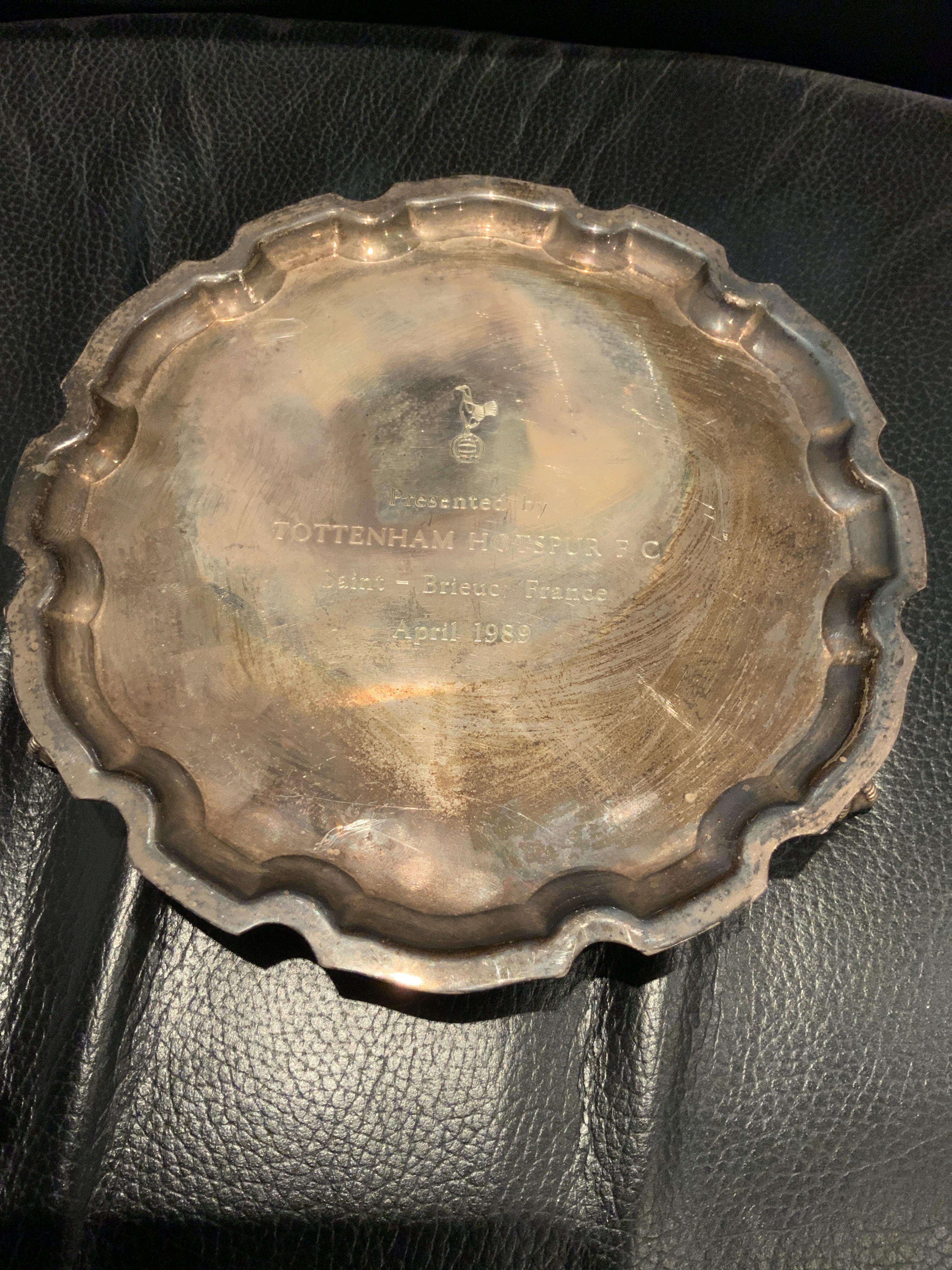 Tottenham 1989 Football Gift: Footed salver with the words presented by Tottenham Hotspur FC Saint Brieuc France April 1989. Been used as a tea pot stand and showing discolouration. Youth tournament near Brittany.
