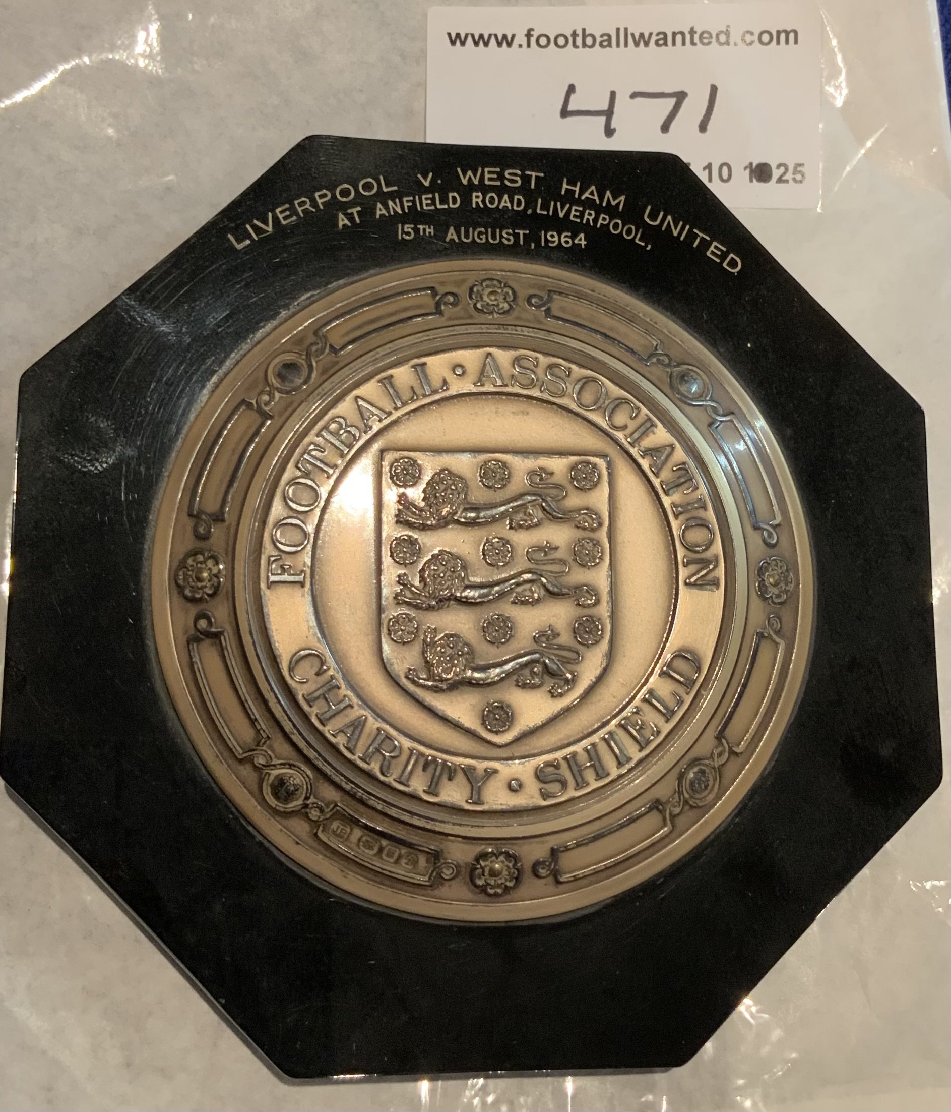 Ron Boyce West Ham 1964 Charity Shield Plaque: Five inch tall plaque engraved with match details of the 1964 Charity Shield match played at Anfield v Liverpool. The match finished 2-2 with both teams subsequently sharing the trophy. Excellent condition.