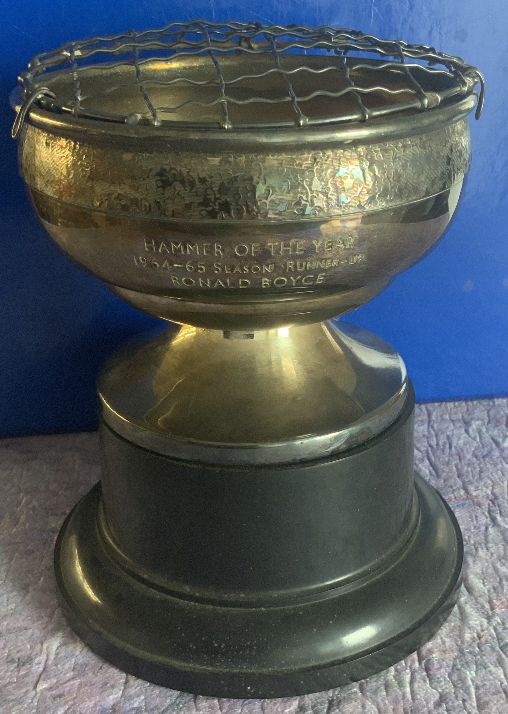 Ron Boyce West Ham 1966 Hammer Of The Year Runners Up Trophy : Six inch high trophy engraved with 1964 - 1965 Hammer Of the Year runner up Ronald Boyce. Metal is tarnished but otherwise in excellent condition.