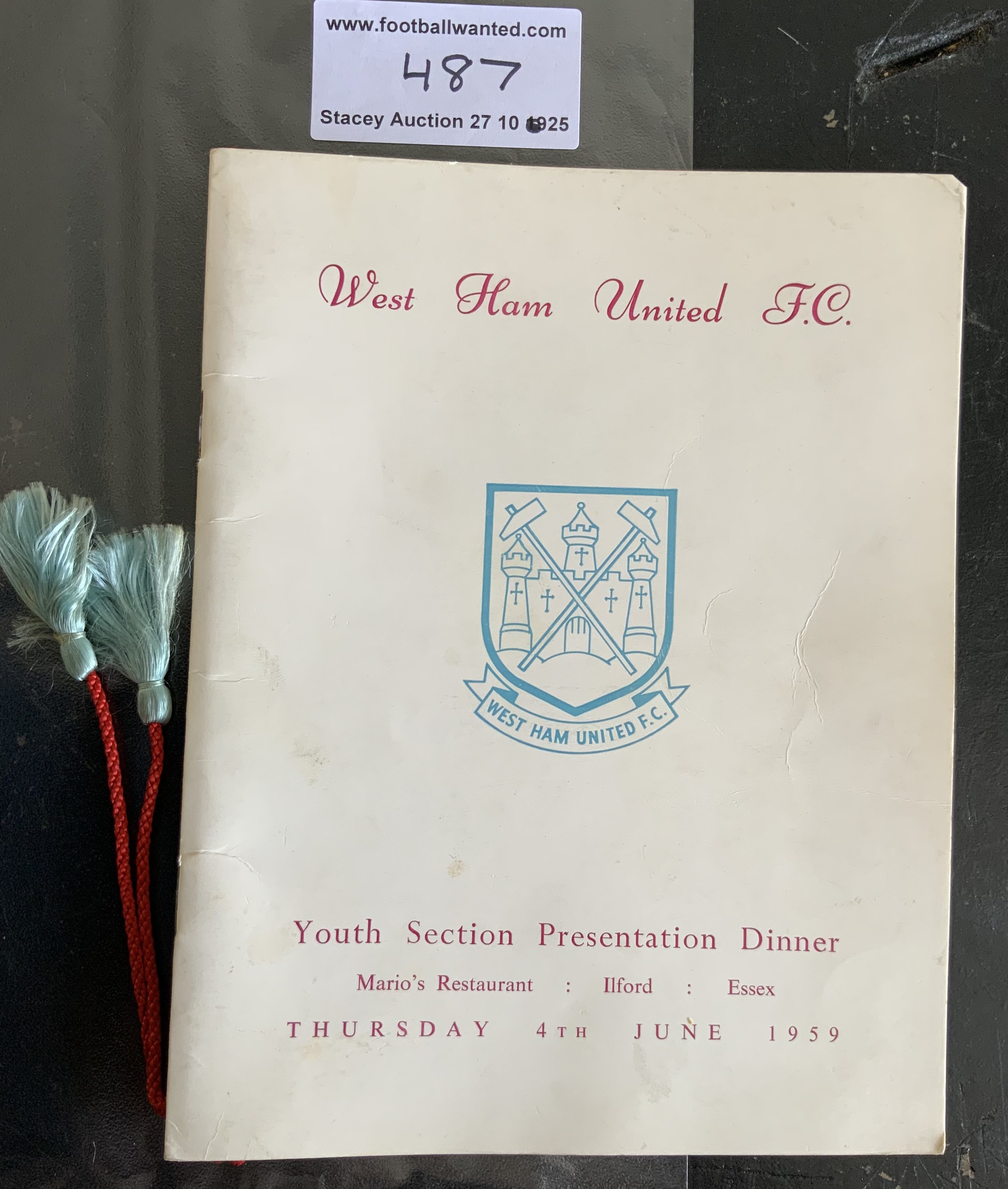 1959 Squad Signed West Ham Youth Menu: Signed to rear by 19 players. Signatures include early Moore and Hurst as well as Boyce, Dear, Burkett and many more. Good condition former property of Ron Boyce.