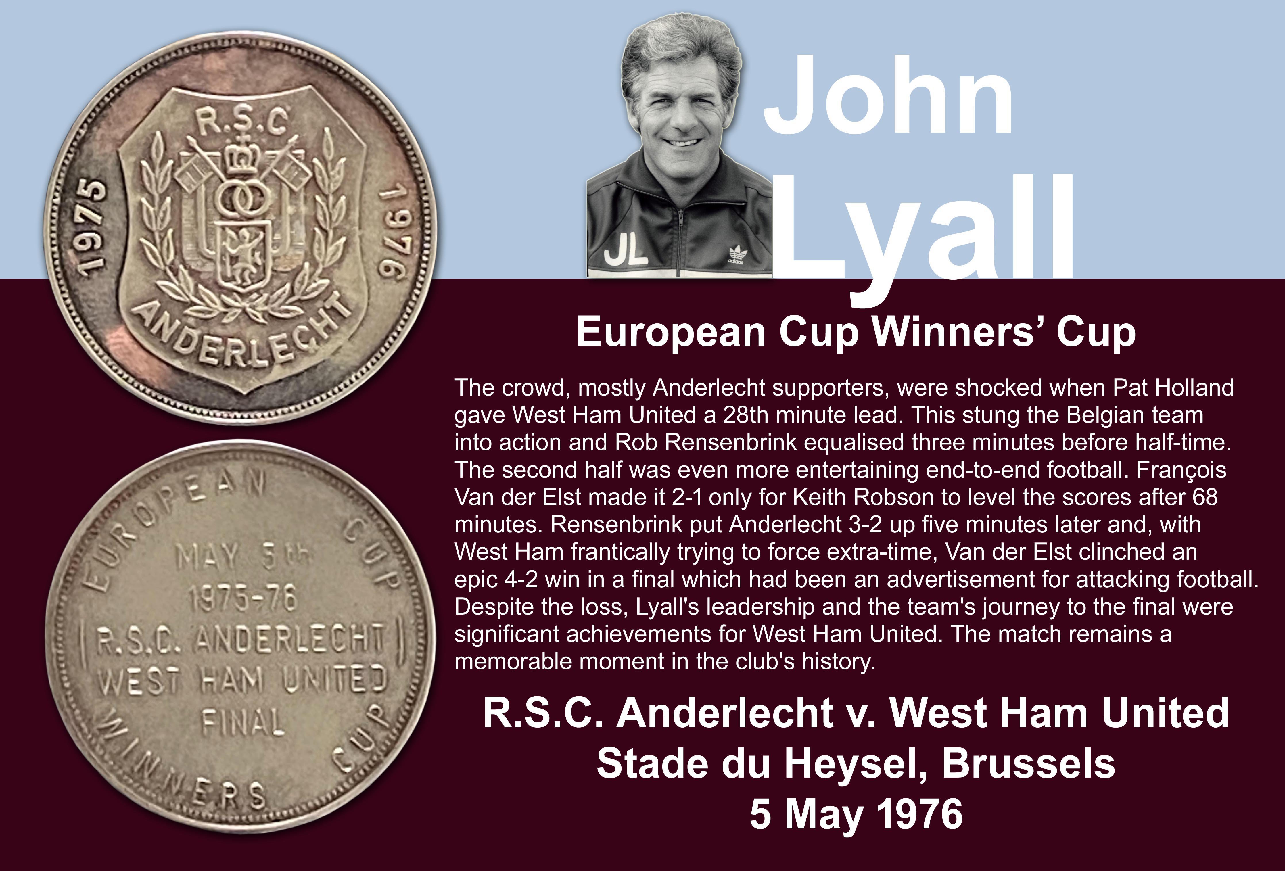 John Lyalls 1976 ECWC Final Exchange Football Medal: Given to Lyall by the opposing team Anderlecht at the final in Brussels before the match. Boxed medal states RSC Anderlecht 1975 1976 to one side. The reverse reads European Cup Winners Cup May 5th 1975-76 RSC Anderlecht West Ham United Final. Rare item in original box. Not to be confused with the one issued by UEFA but probably more scarce.