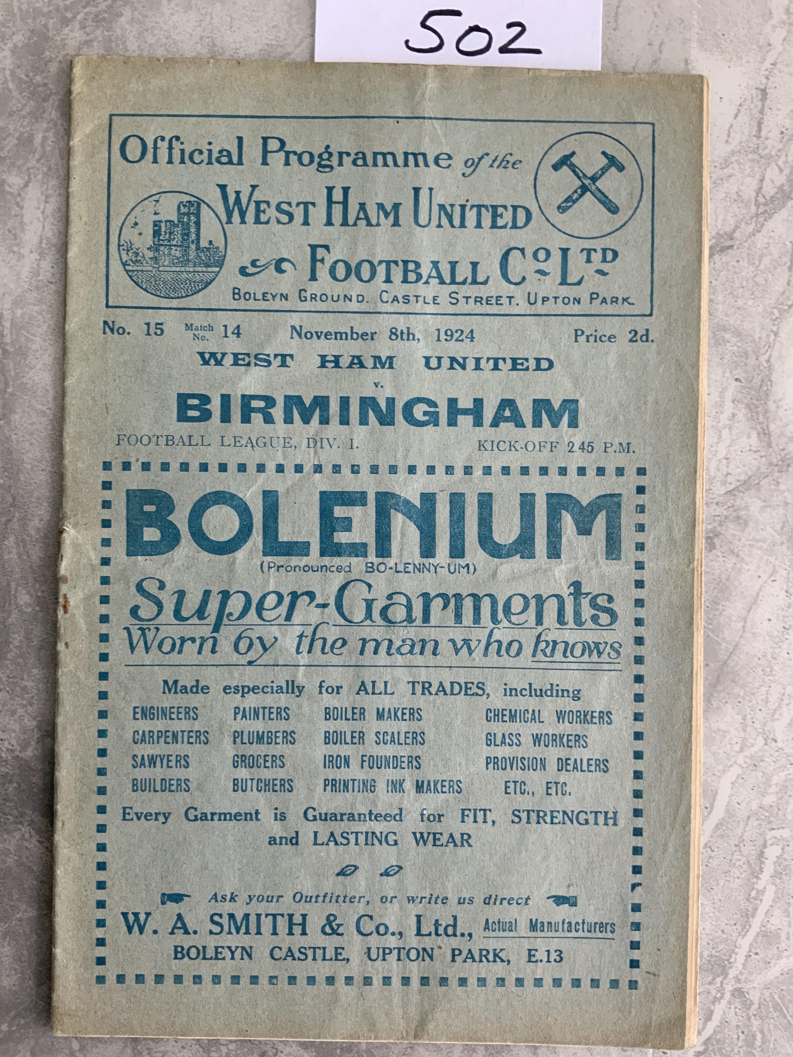 1924 - 1925 West Ham v Birmingham Football Programme: Excellent condition division one programme with no team changes.