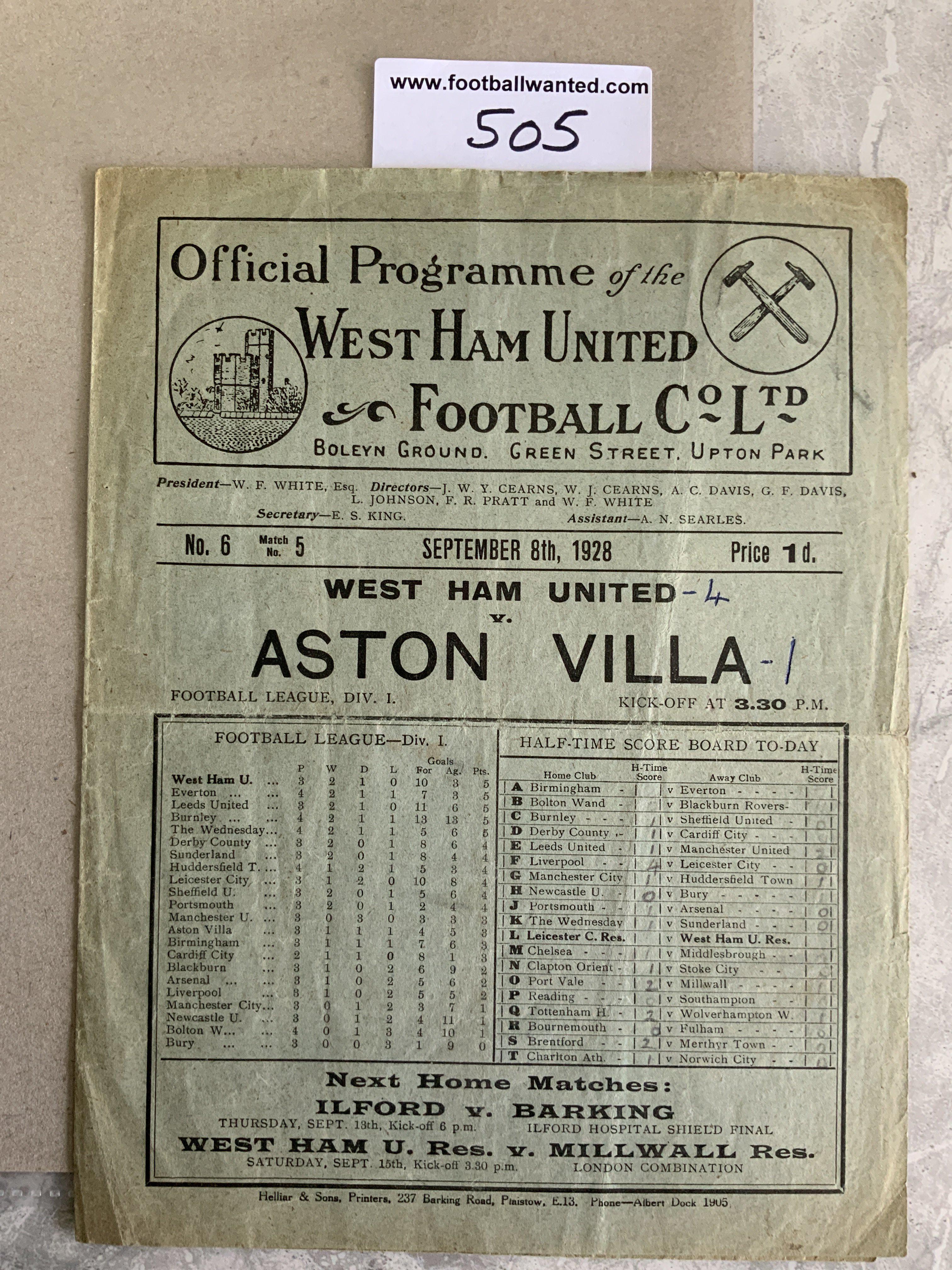 1928 - 1929 West Ham v Aston Villa Football Programme: Good condition division one programme with no team changes. Score to cover.