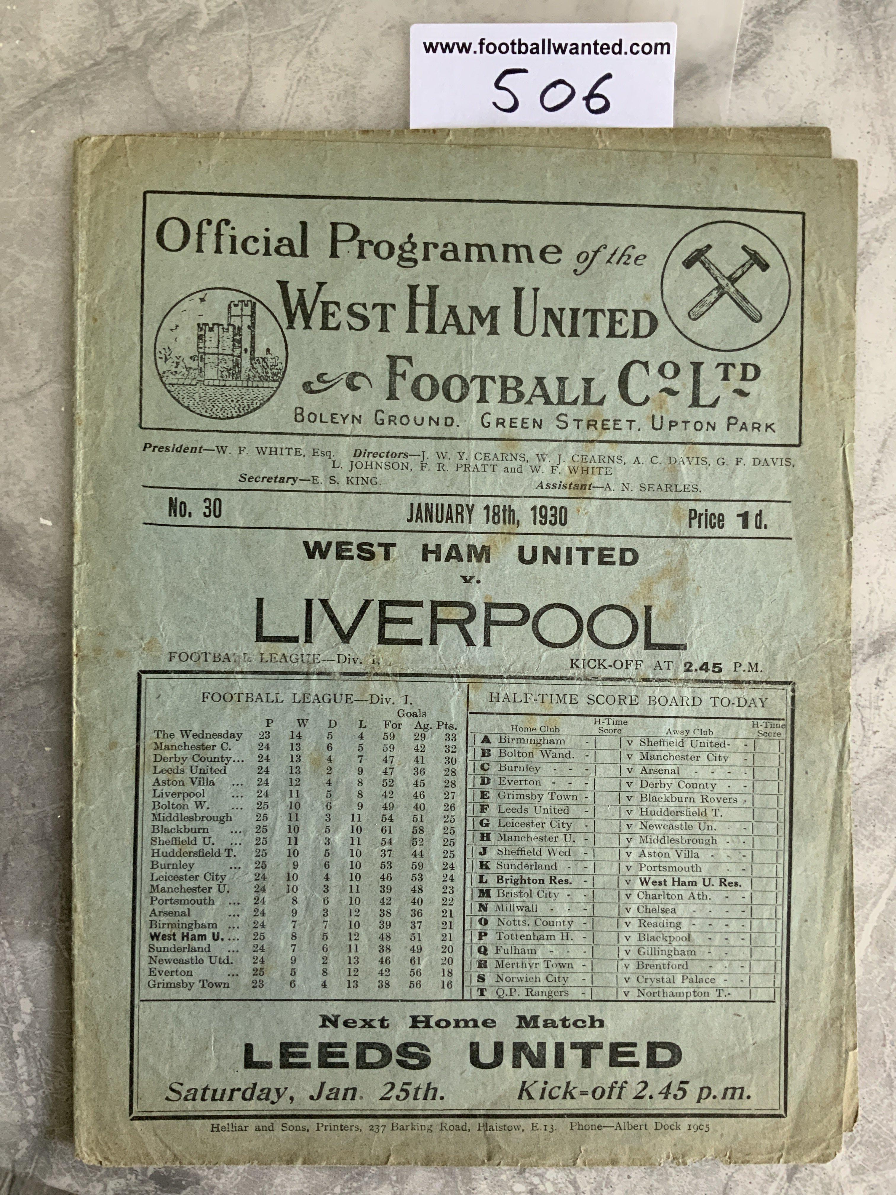 1929 - 1930 West Ham v Liverpool Football Programme: Good condition division one programme with no team changes.