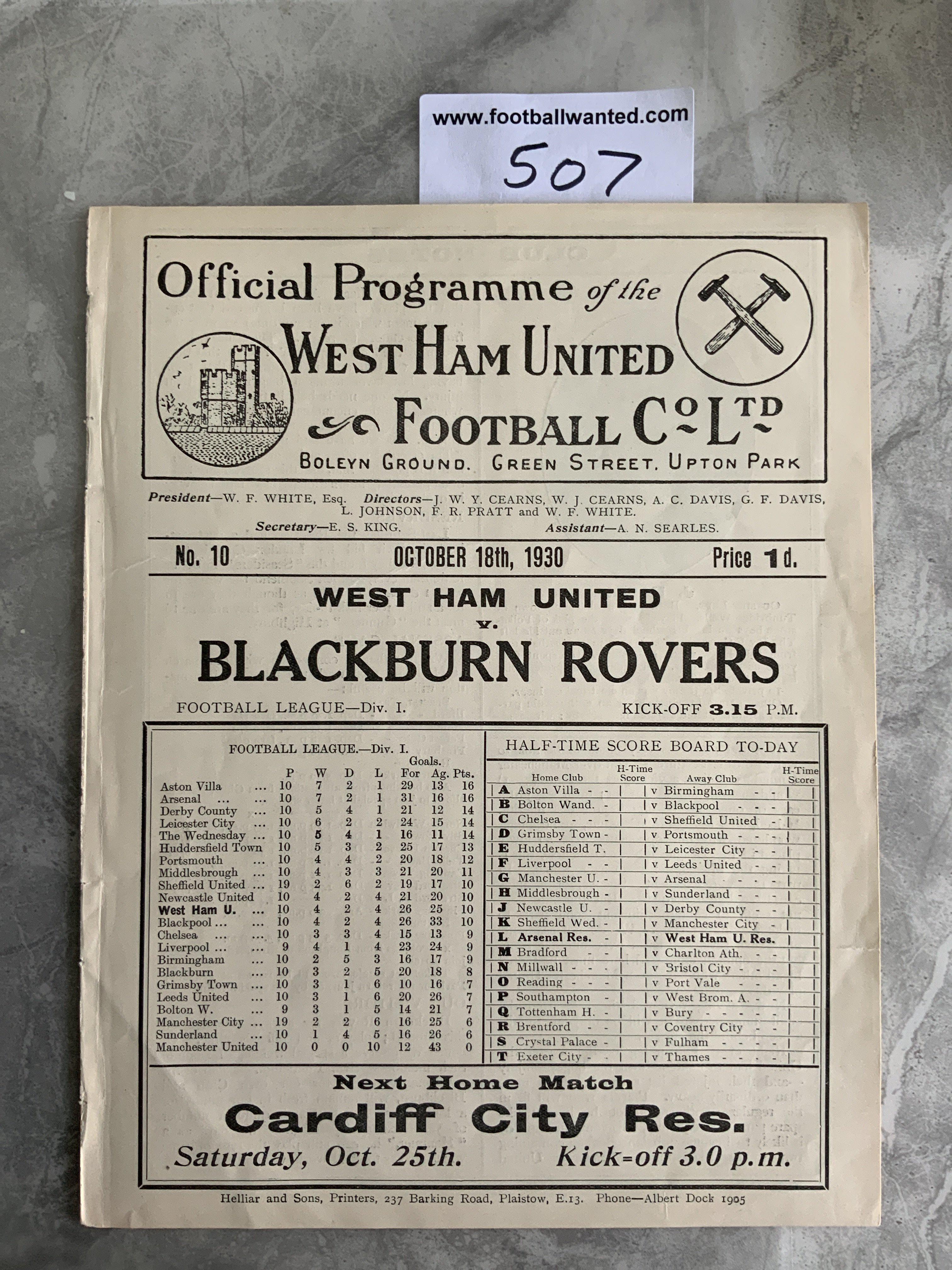 1930 - 1931 West Ham v Blackburn Football Programme: Excellent condition division one ex bound white programme with no team changes.