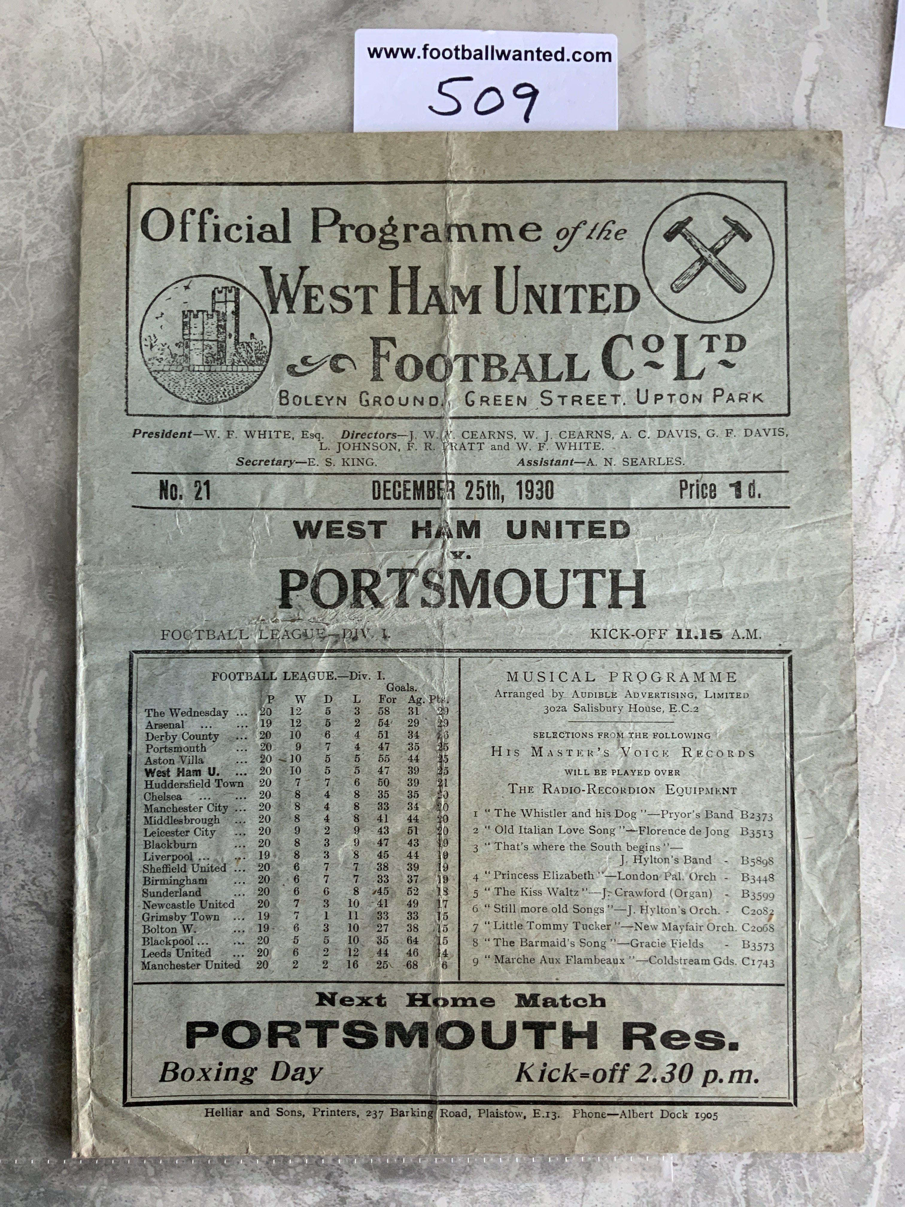 1930 - 1931 West Ham v Portsmouth Football Programme: Good condition division one programme with no team changes. Folding.