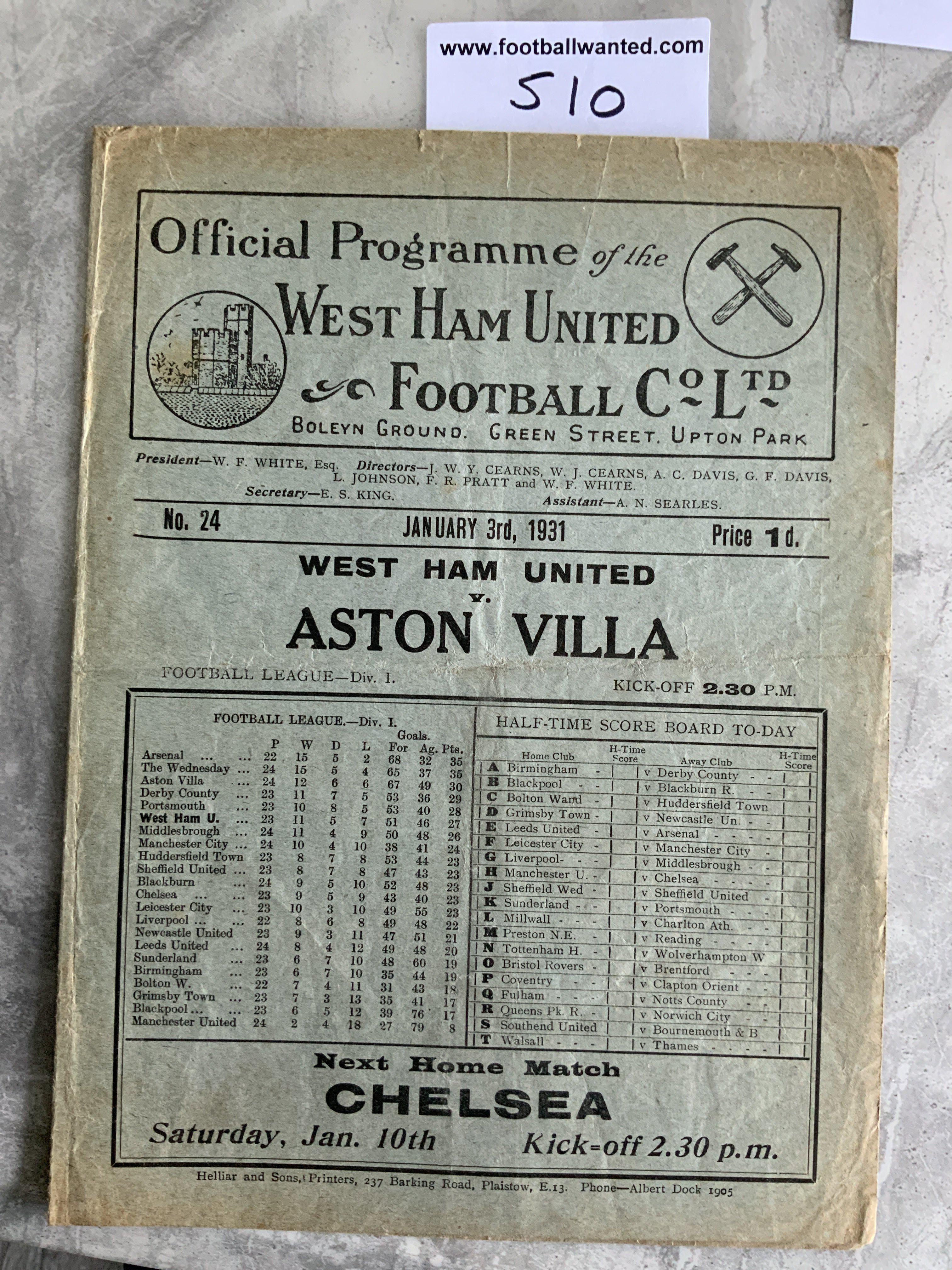 1930 - 1931 West Ham v Aston Villa Football Programme: Good condition division one programme with no team changes. Light fold.