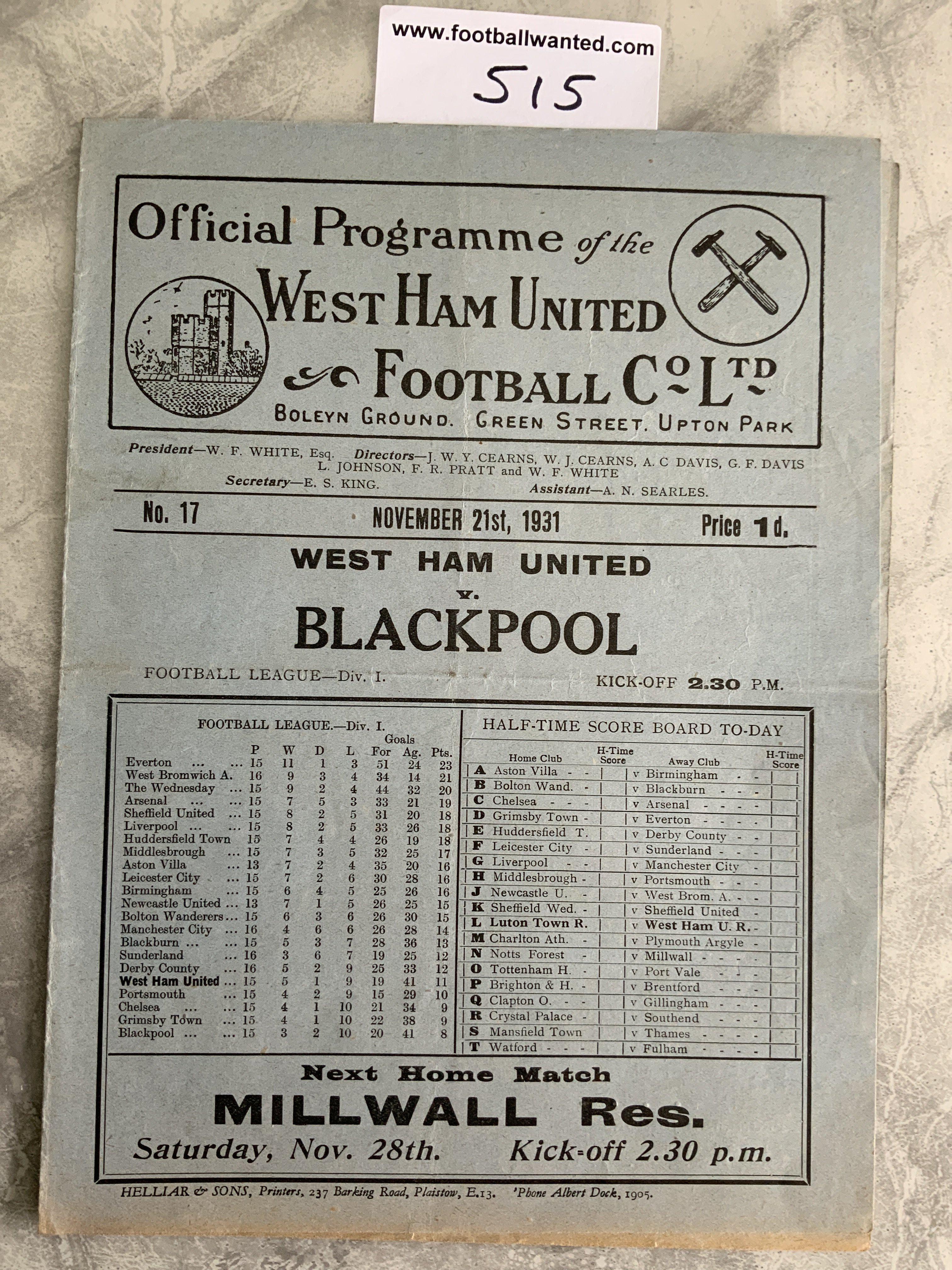 1931 - 1932 West Ham v Blackpool Football Programme: Excellent condition division one programme with no team changes. Light fold.