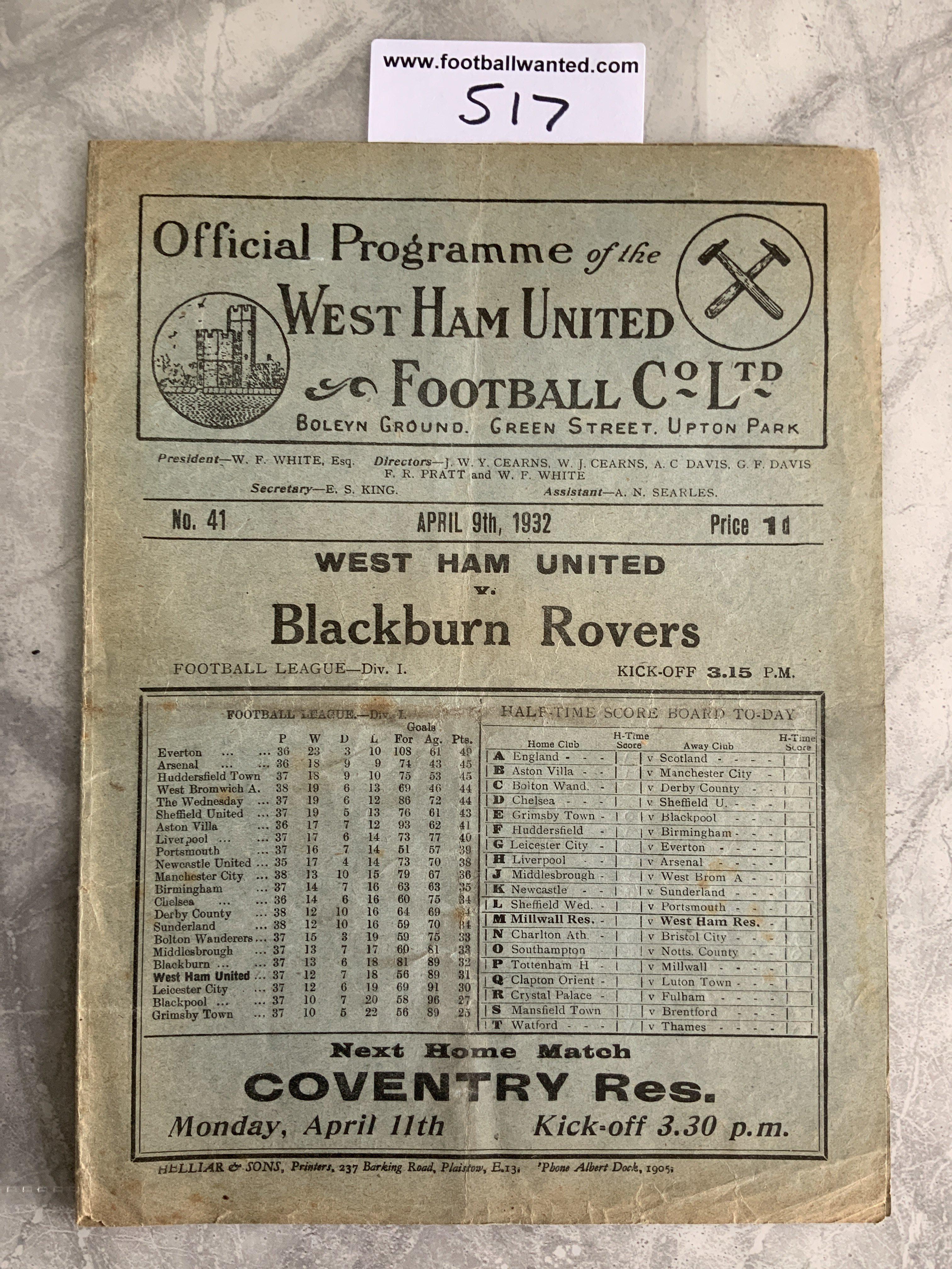 1931 - 1932 West Ham v Blackburn Football Programme: Fair/good condition division one programme with no team changes.