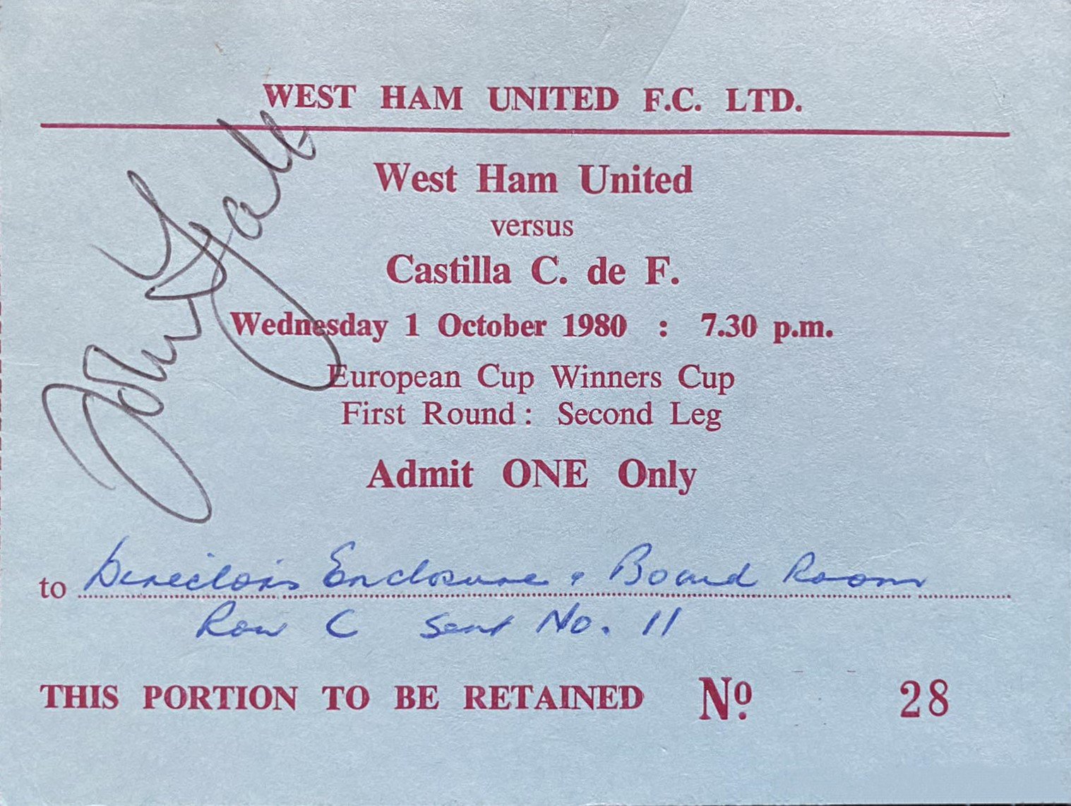 Very Rare 80/81 West Ham v Castilla Football Ticket: Incredibly rare ticket for the match behind closed doors at Upton Park. This was issued to Lyalls son Murray who attended and both the programme and ticket are signed by John. (2)