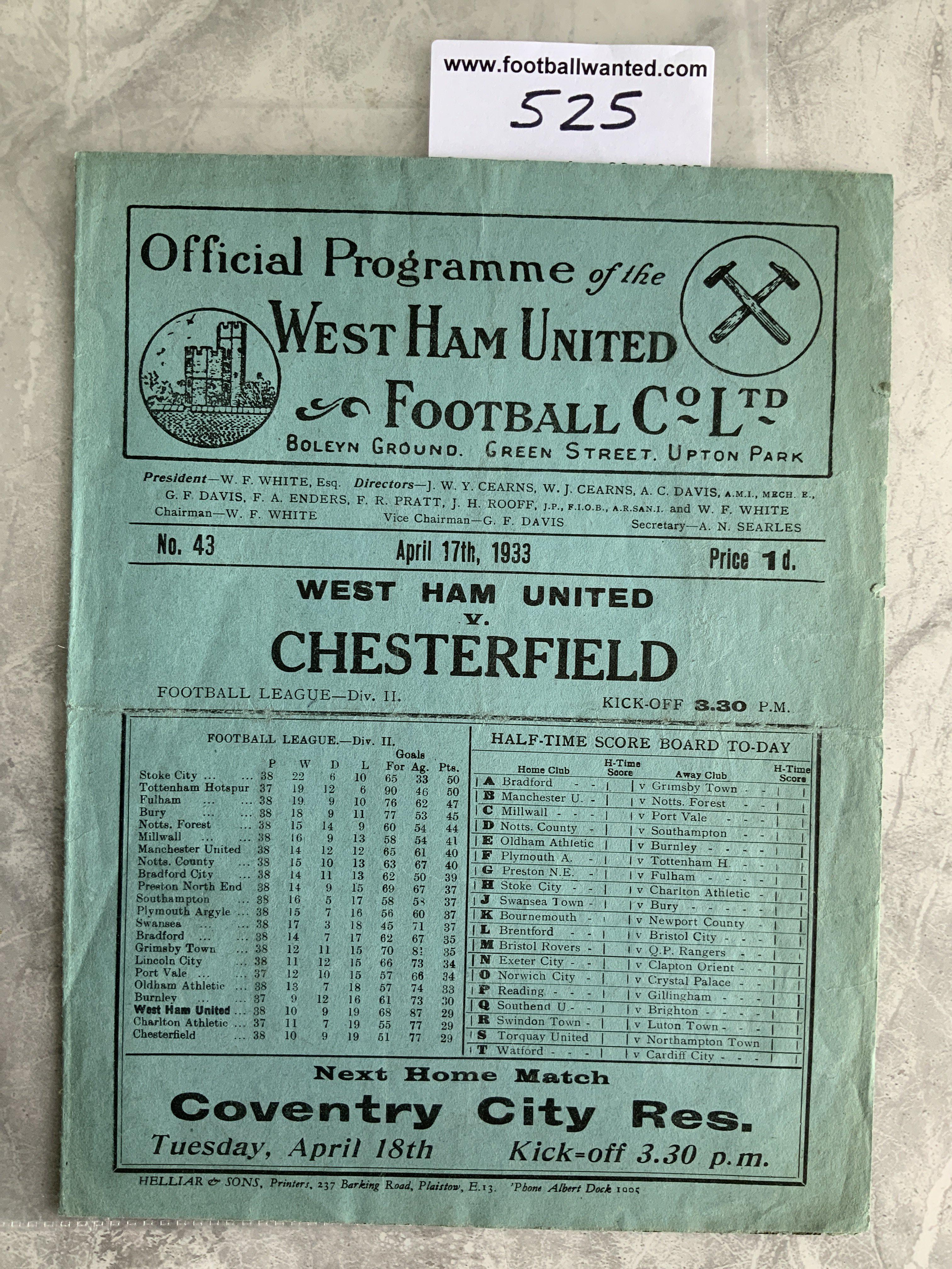 1932 - 1933 West Ham v Chesterfield Football Programme: Very good condition division two programme with no team changes. Fold.