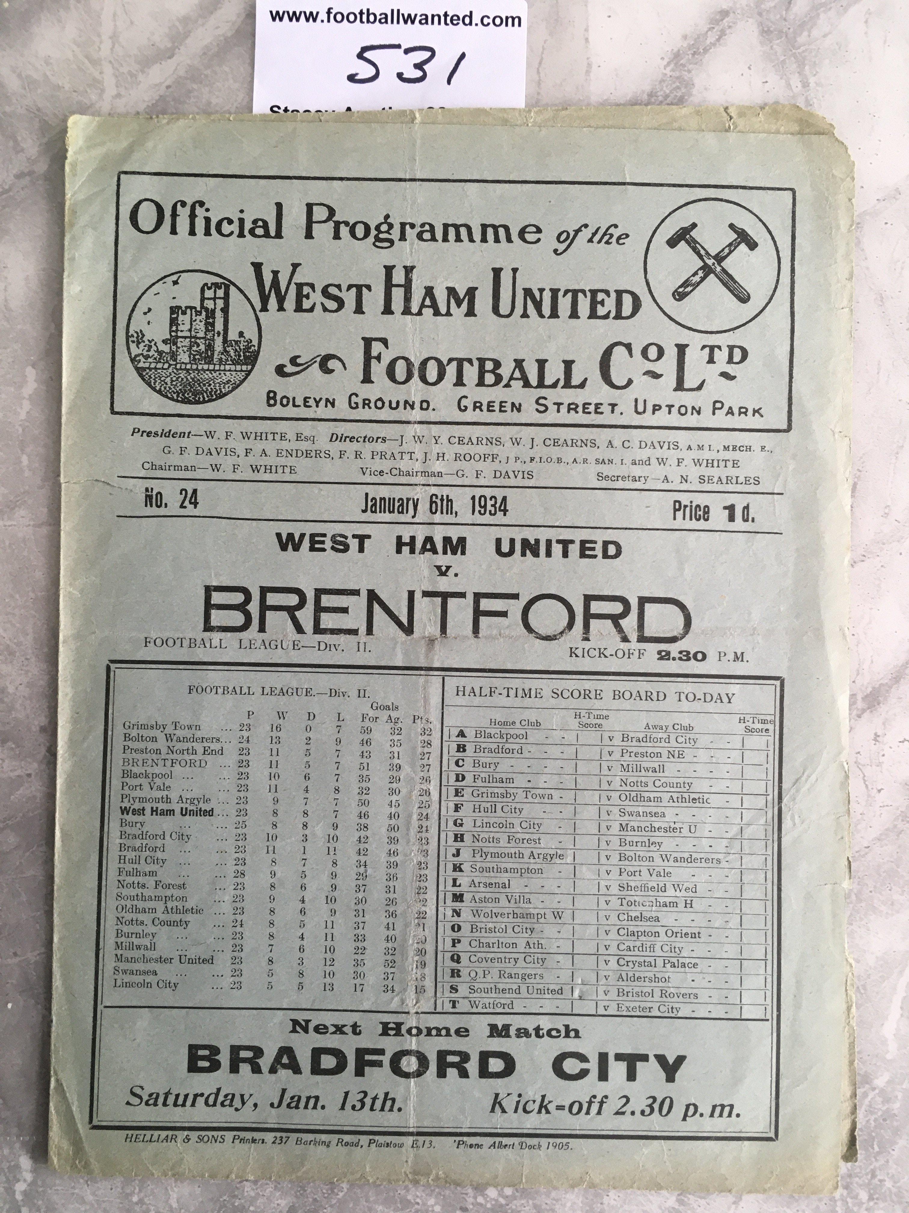 1933 - 1934 West Ham v Brentford Football Programme: Fair/good condition division two programme with no team changes. Folding and small tear.