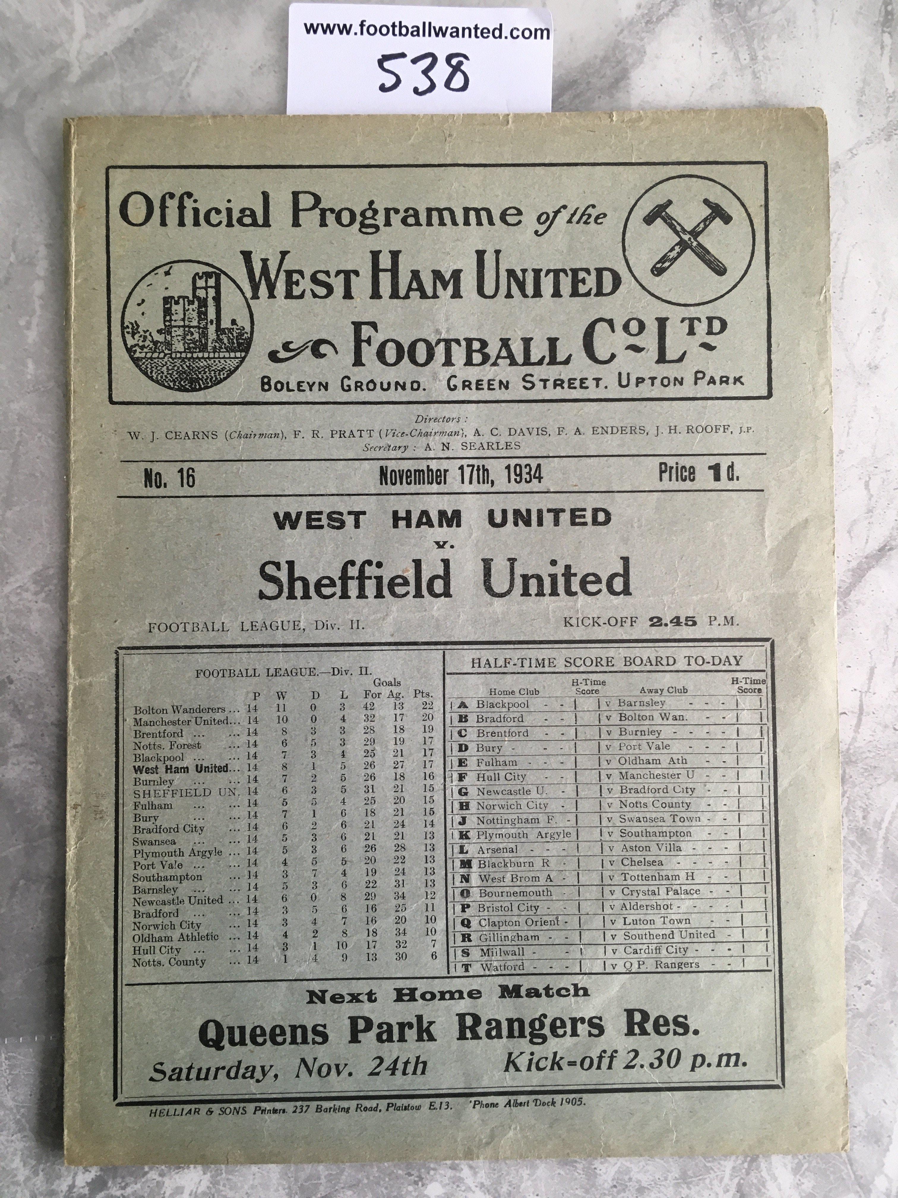 1934 - 1935 West Ham v Sheffield United Football Programme: Very good condition division two programme with no team changes.