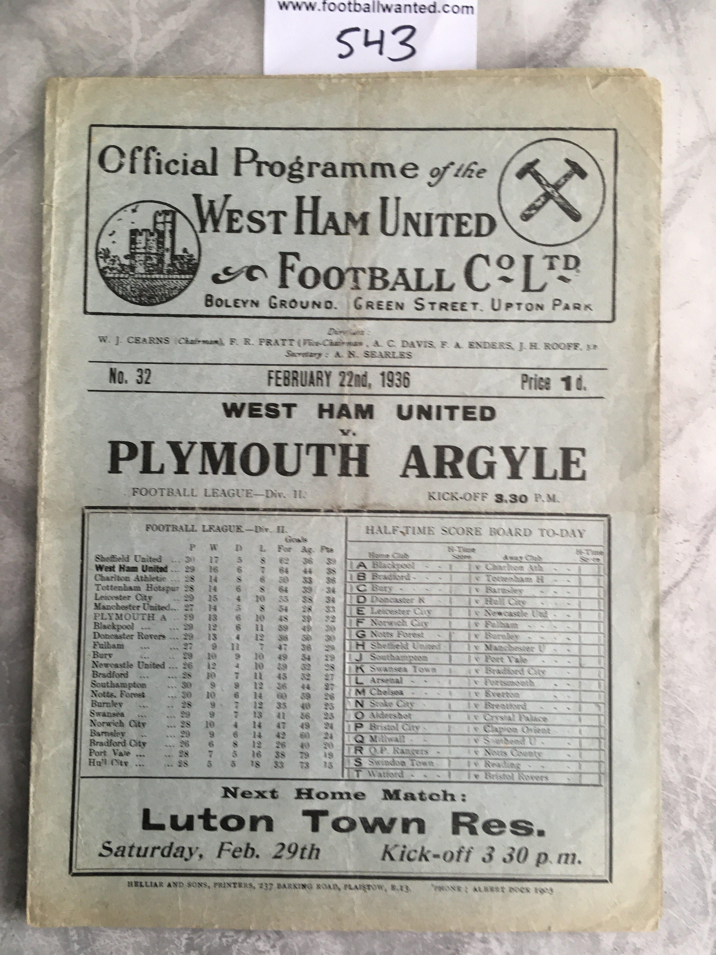 1935 - 1936 West Ham v Plymouth Football Programme: Good condition division two programme with no team changes.