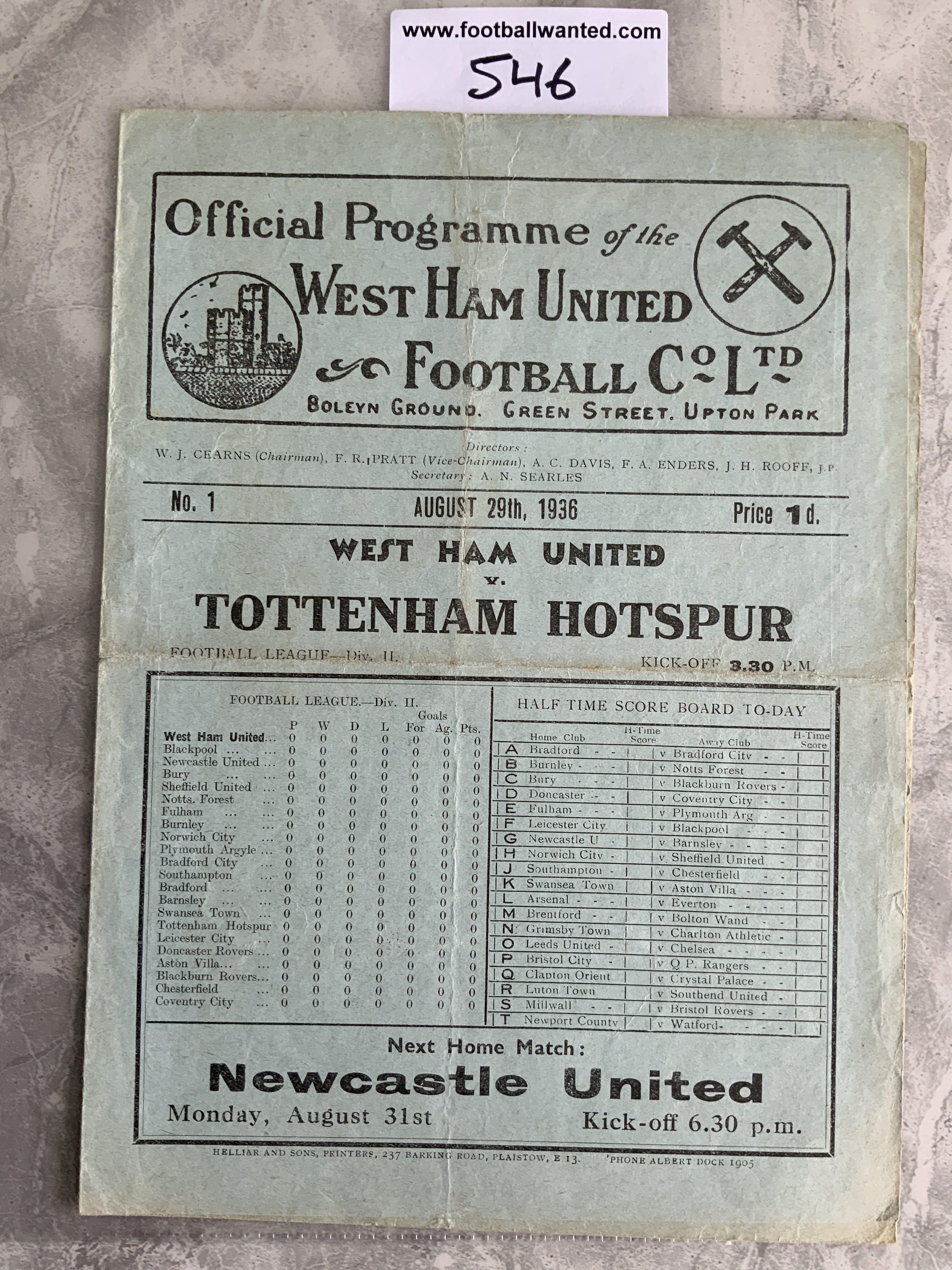 1936 - 1937 West Ham v Tottenham Football Programme: Good condition division two programme with no team changes. Folding.