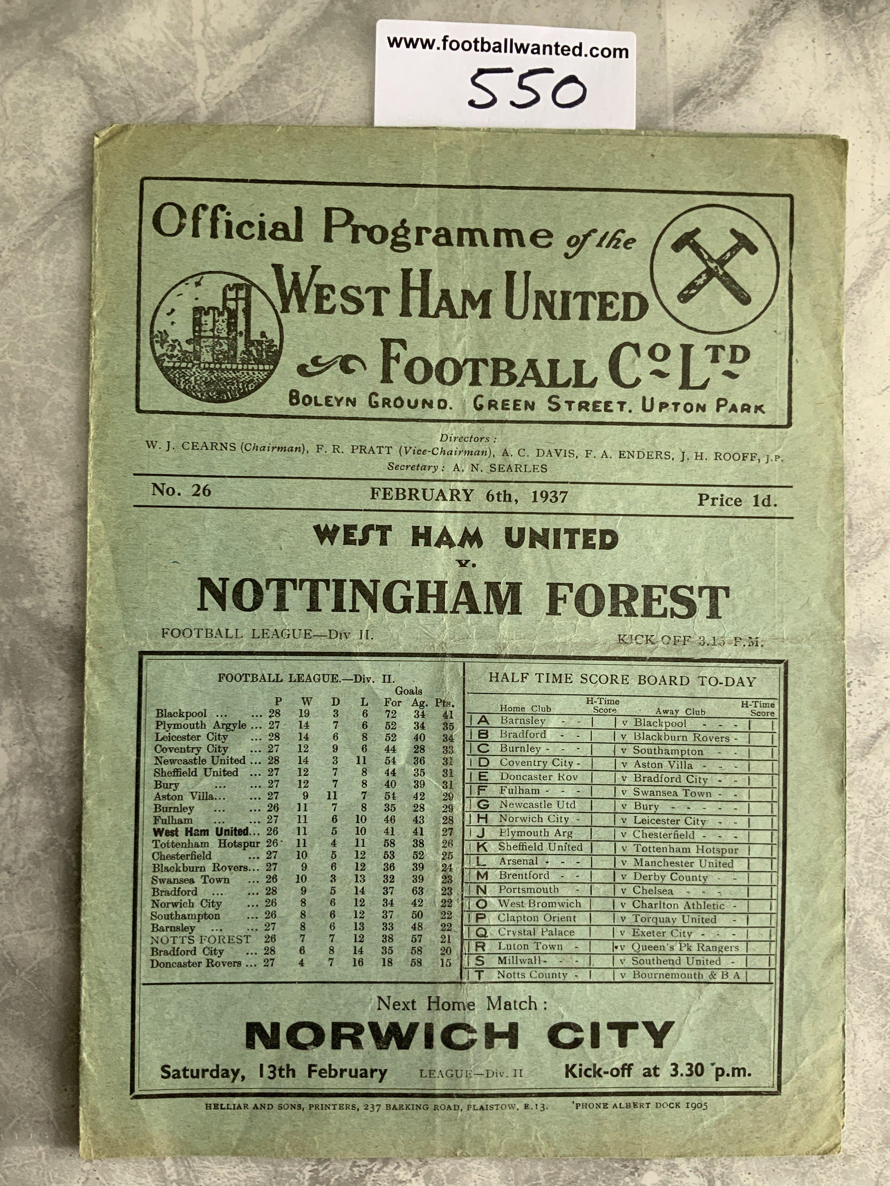 1936 - 1937 West Ham v Nottingham Forest Football Programme: Good condition division two programme with no team changes.