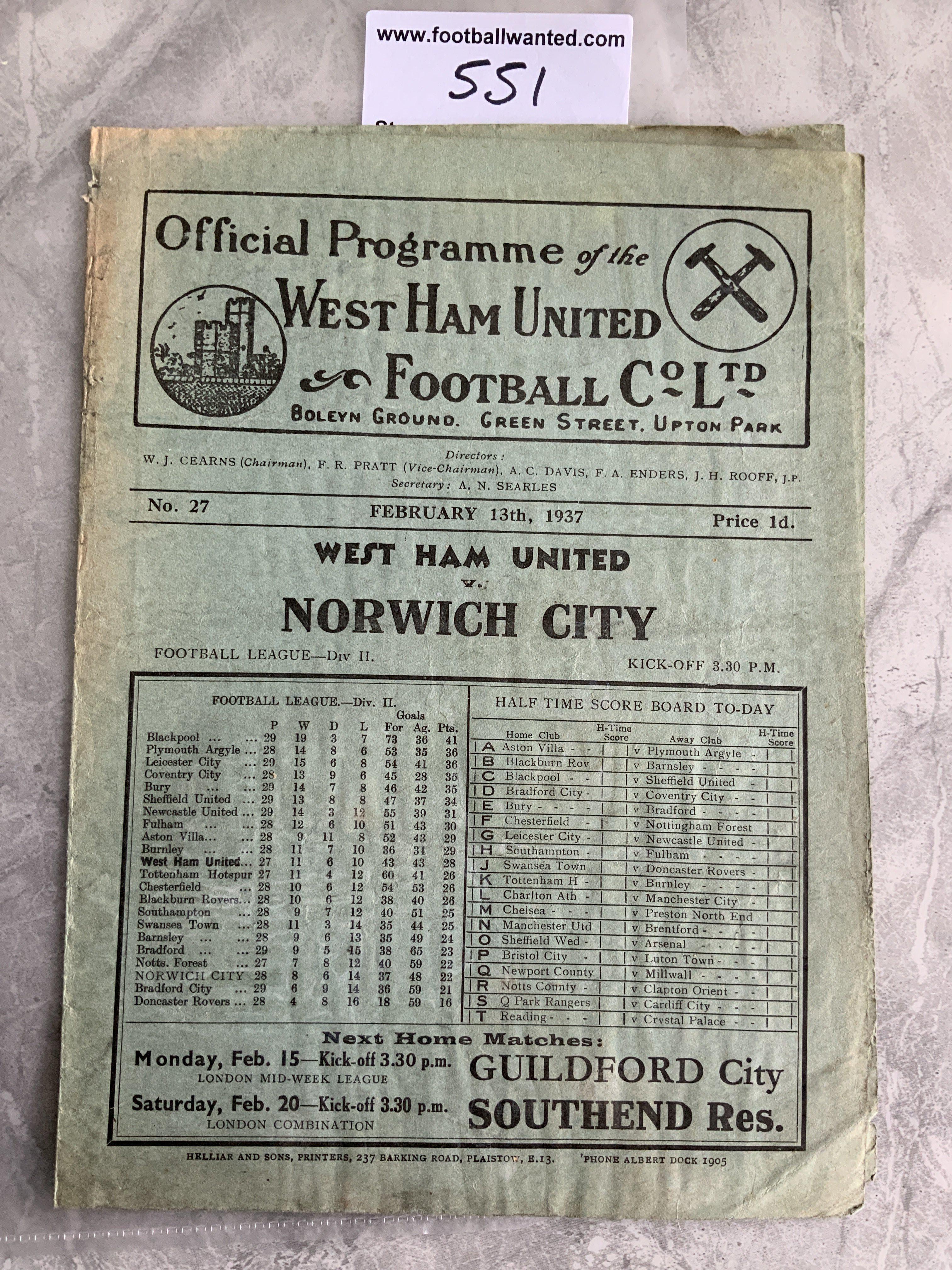 1936 - 1937 West Ham v Norwich Football Programme: Fair condition division two programme with no team changes. Slight wear.