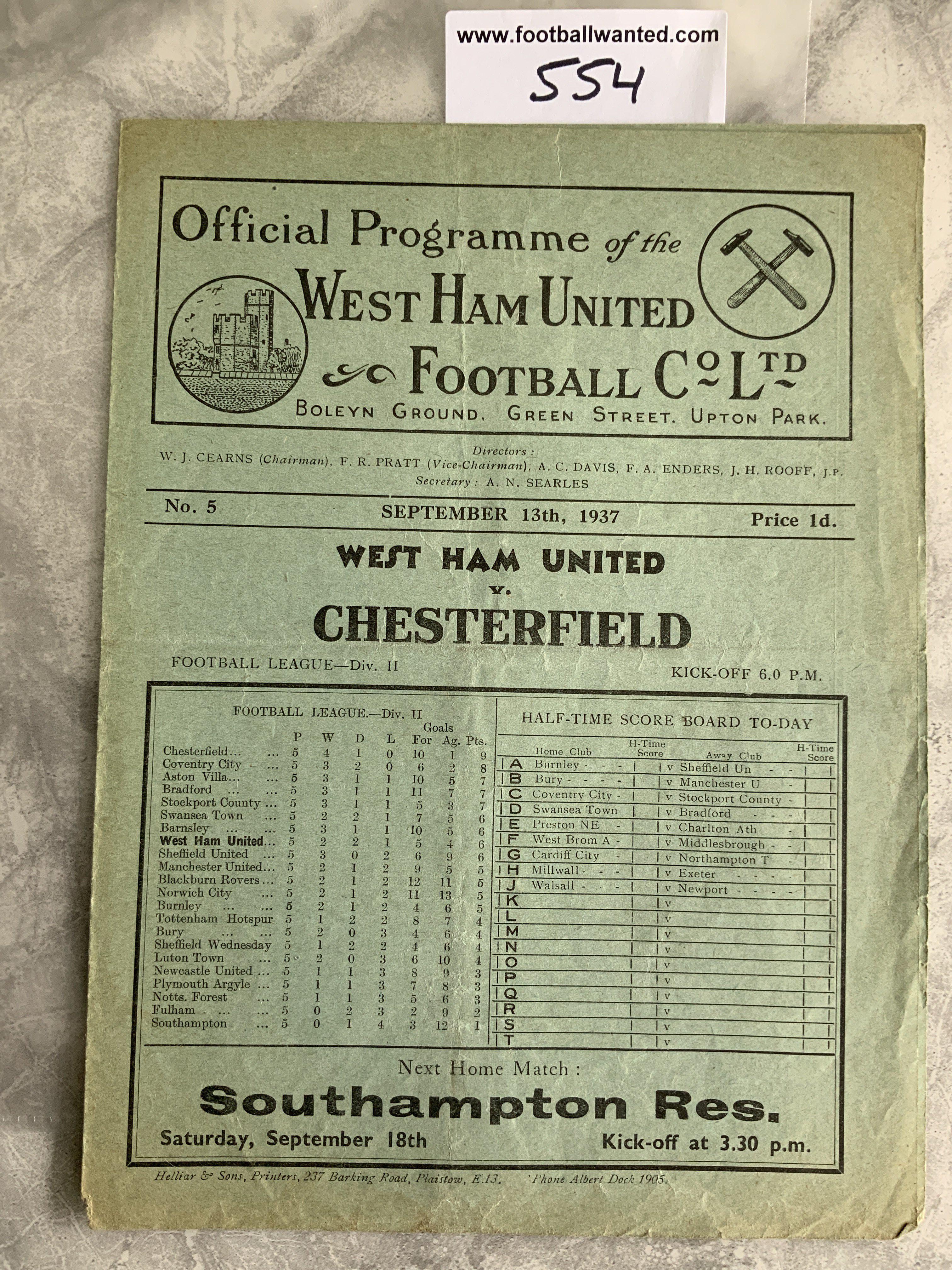 1937 - 1938 West Ham v Chesterfield Football Programme: Good condition division two programme with no team changes.