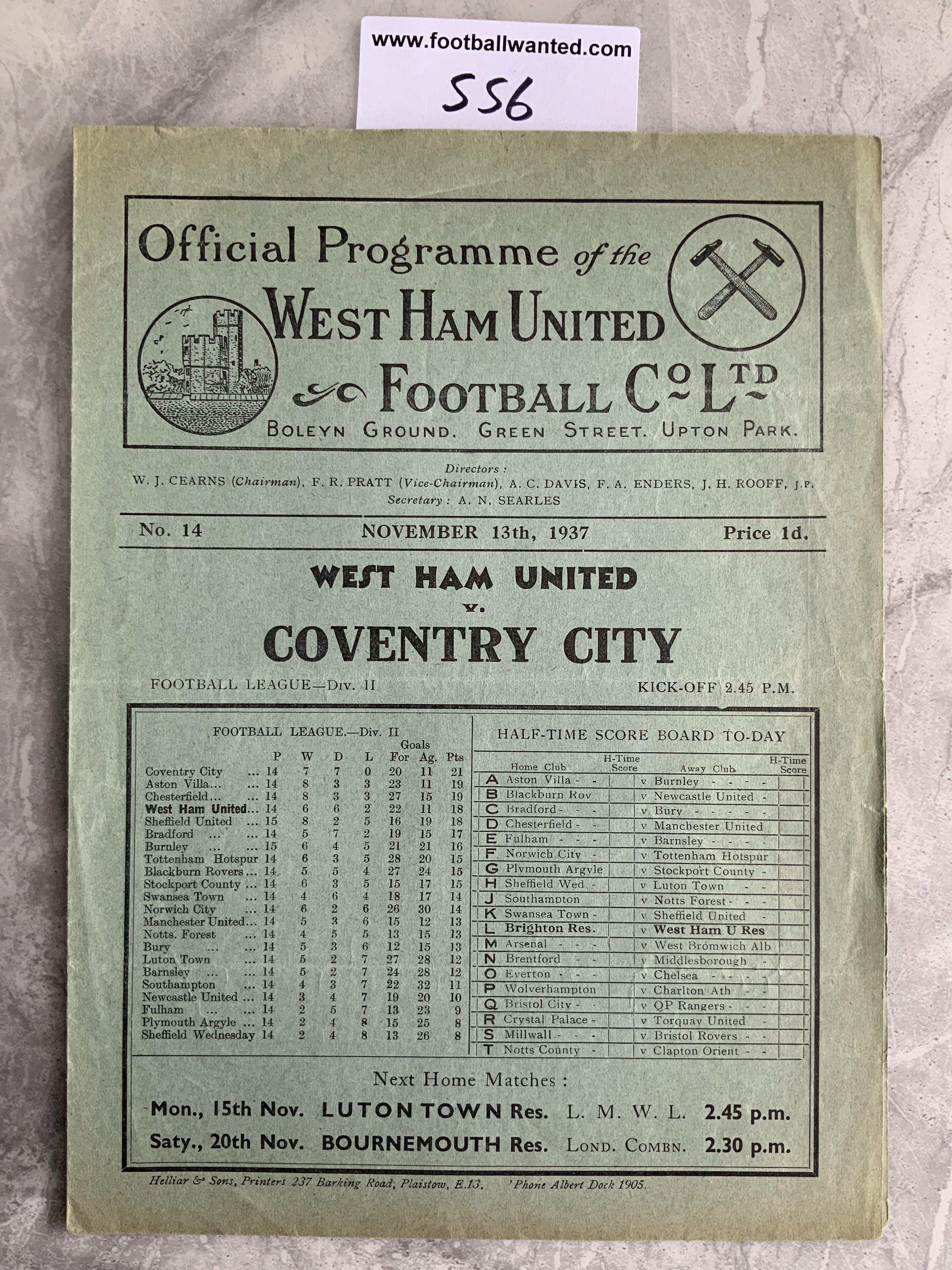 1937 - 1938 West Ham v Coventry Football Programme: Very good condition division two programme with no team changes. Pencilled results inside .