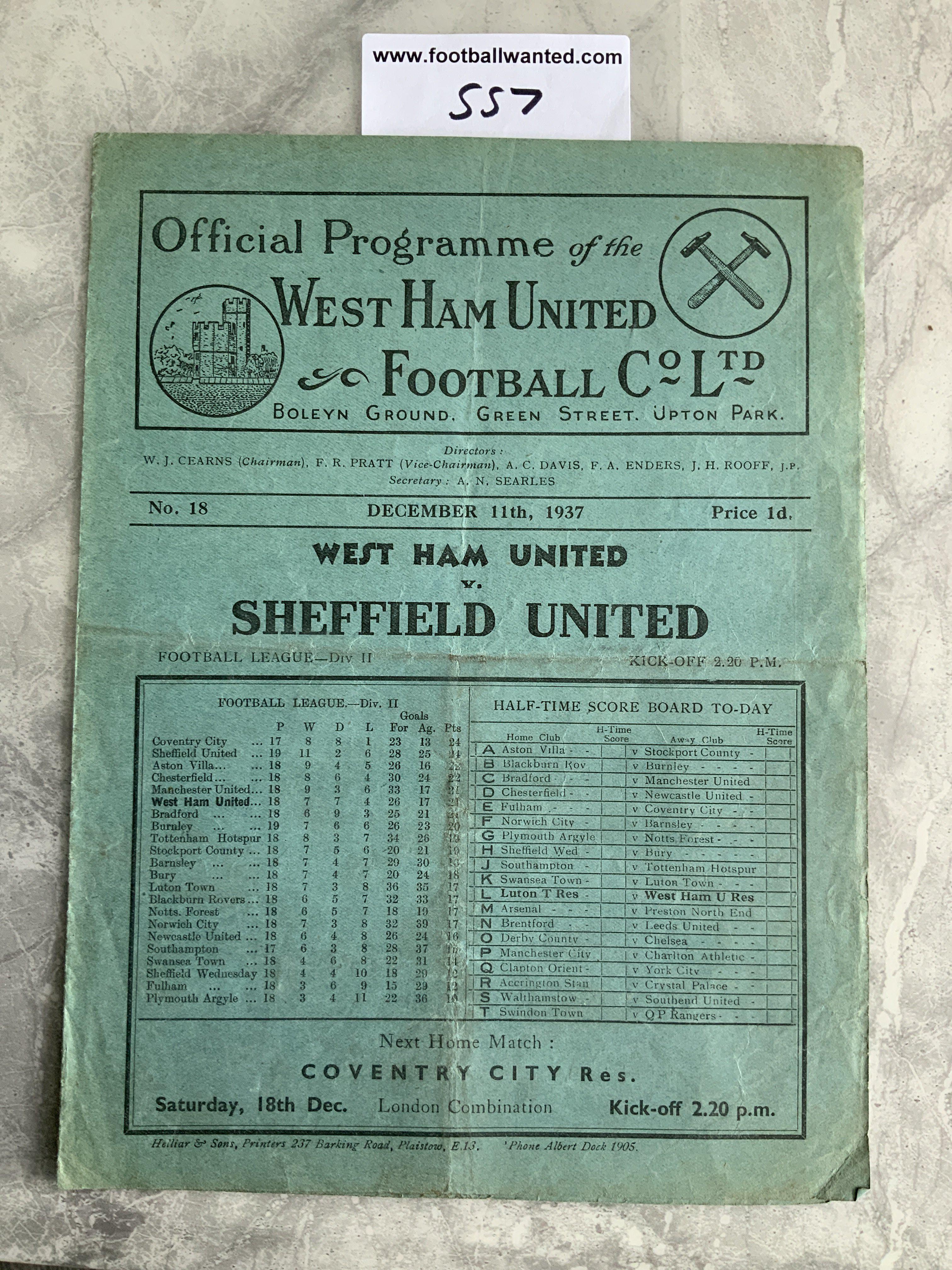 1937 - 1938 West Ham v Sheffield United Football Programme: Good condition division two programme with no team changes. Light folds.
