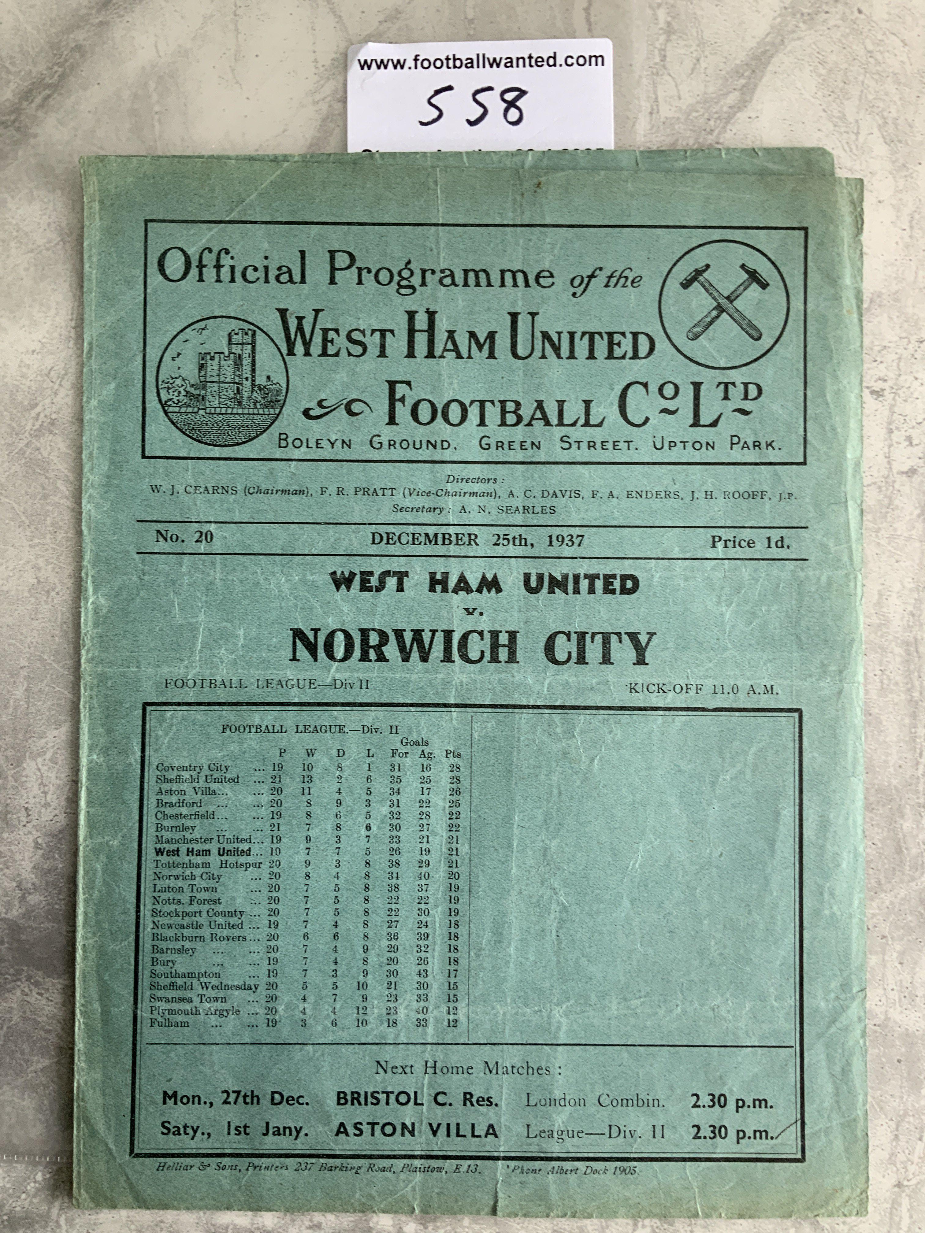 1937 - 1938 West Ham v Norwich City Football Programme: Fair/good condition division two programme with team changes. Couple of tiny tears to border.