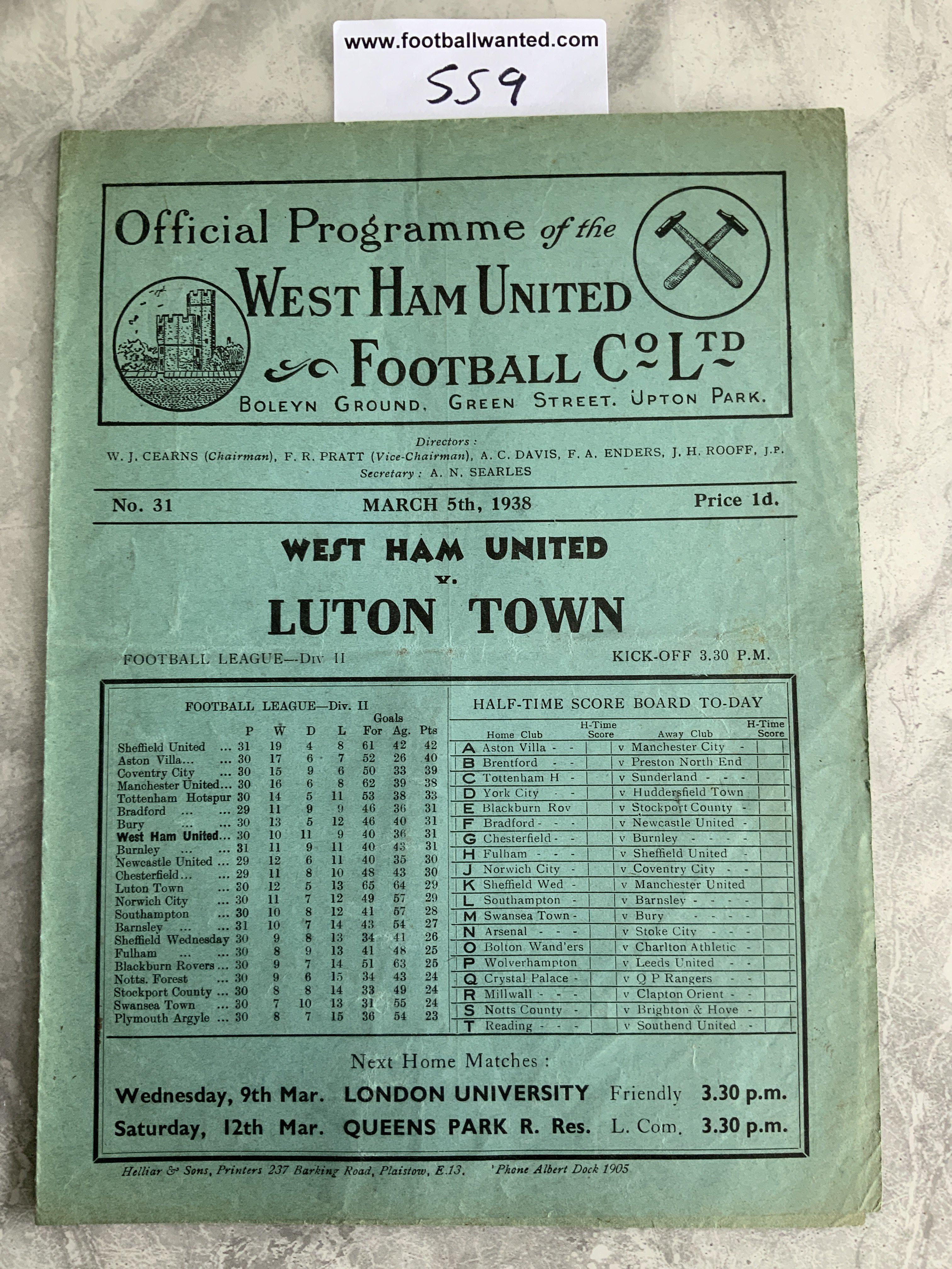 1937 - 1938 West Ham v Luton Town Football Programme: Very good condition division two programme with no team changes.