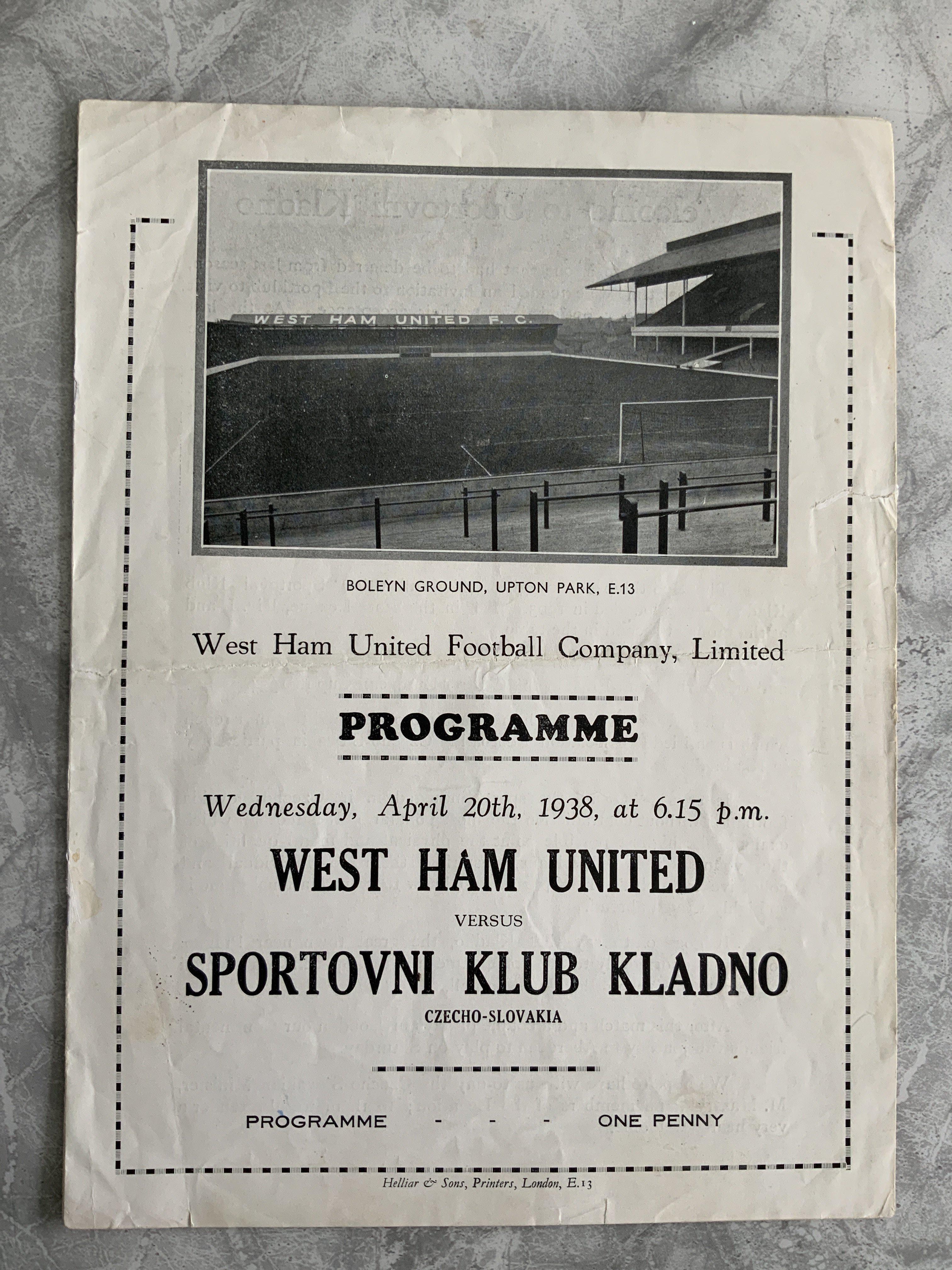 1937 - 1938 West Ham v Sportovni Klub Kladno Football Programme: Good condition friendly programme v the Czechoslovakian team with no team changes.