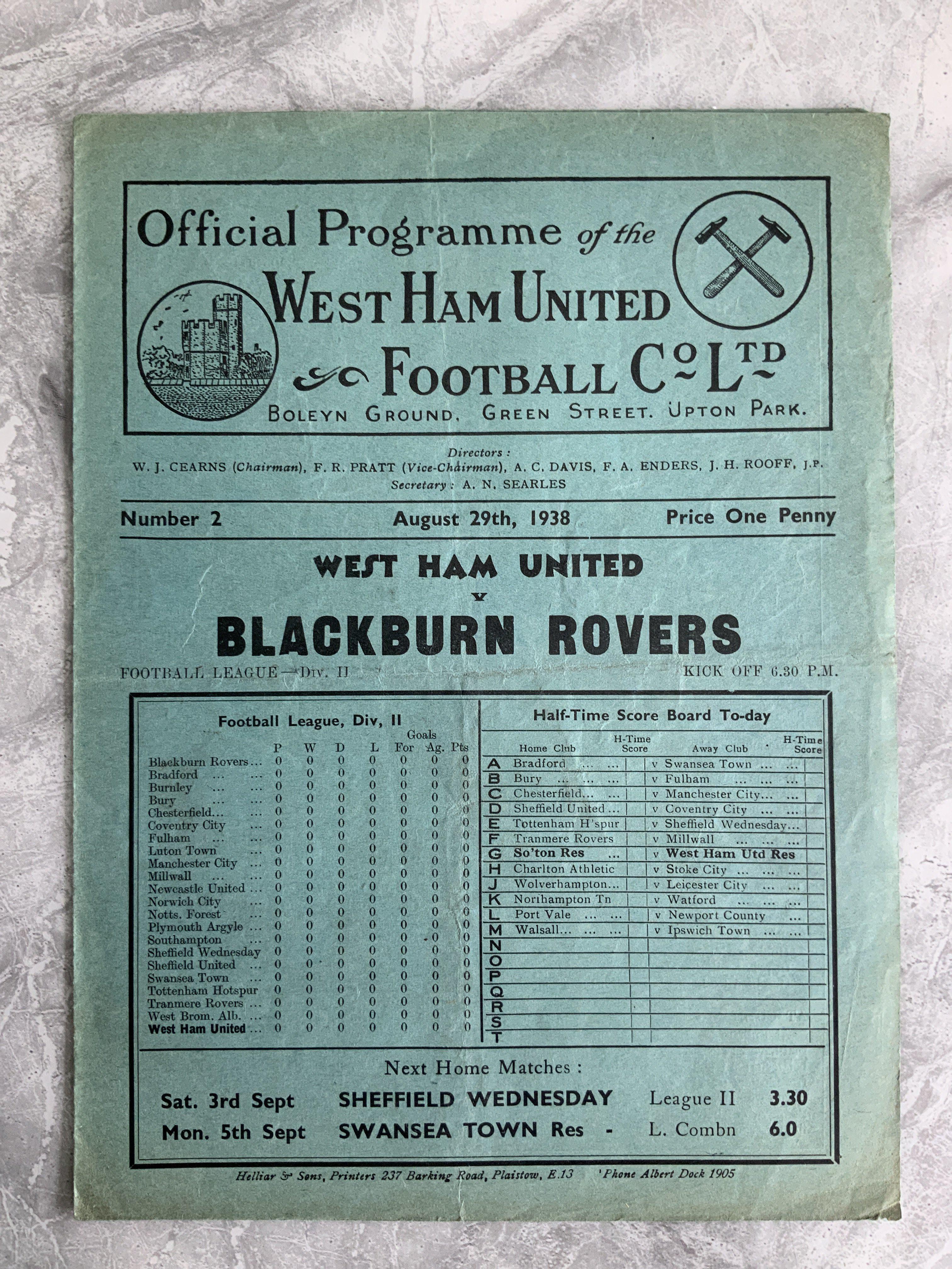 1938 - 1939 West Ham v Blackburn Rovers Football Programme: Good condition division two programme with no team changes.