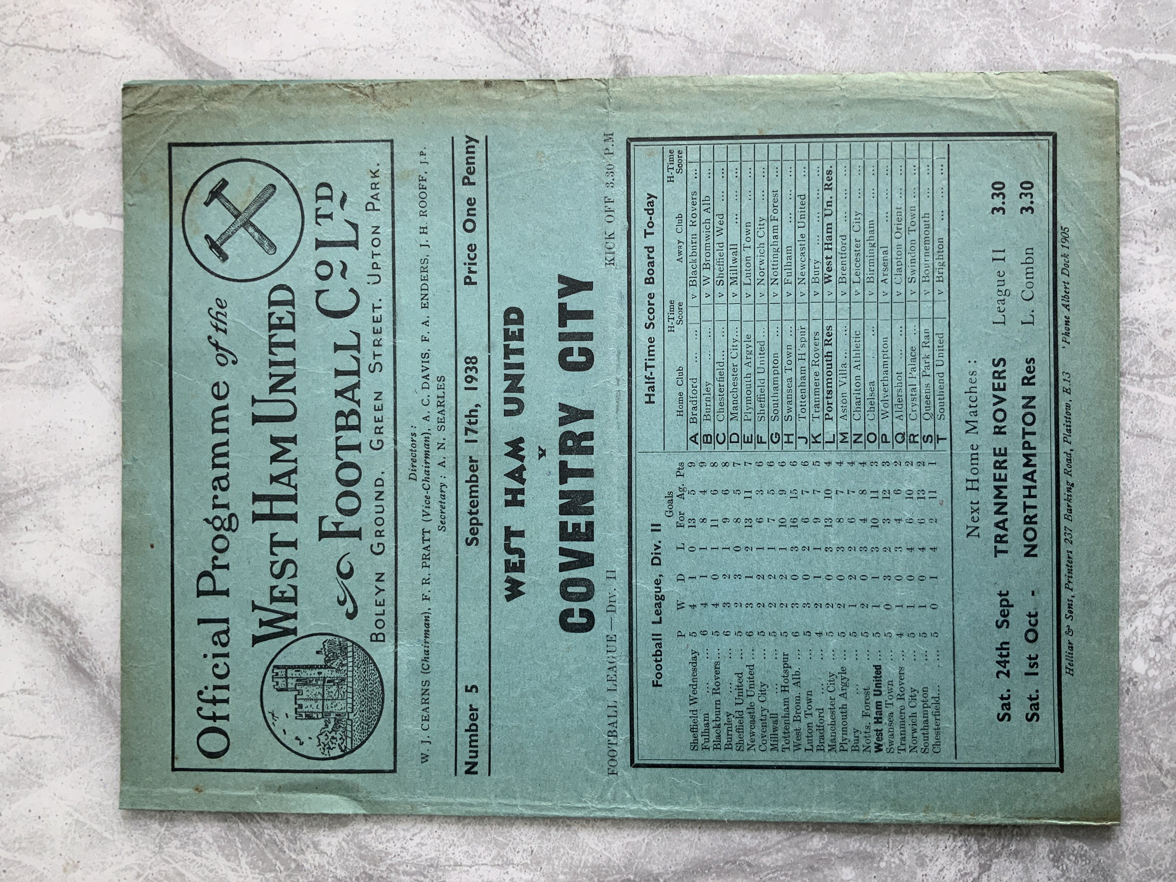 1938 - 1939 West Ham v Coventry City Football Programme: Good condition division two programme with no team changes.