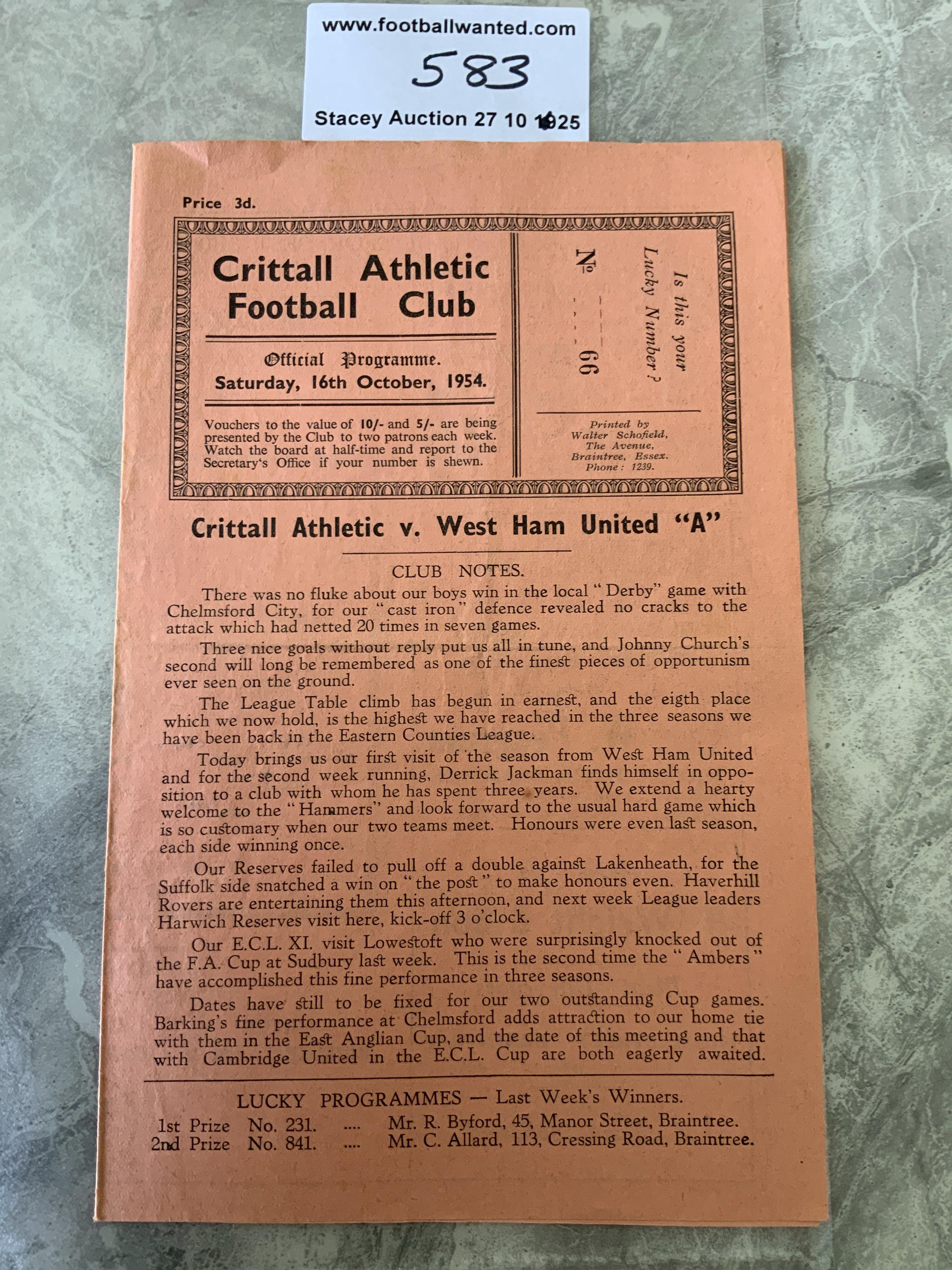 54/55 Crittall v West Ham A Football Programme: Eastern Counties League match with team changes dated 16 10 1954. Very good.
