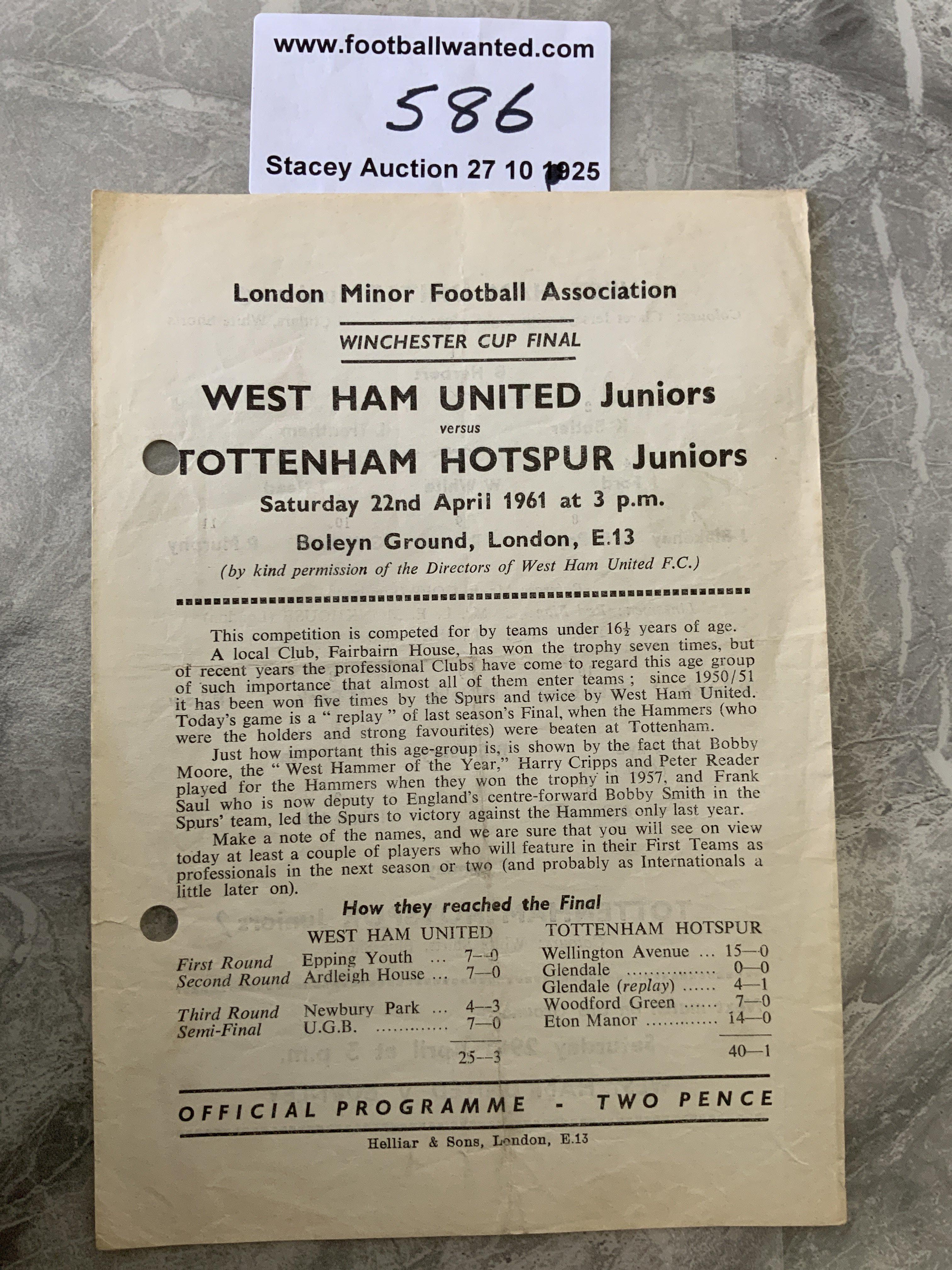 60/61 West Ham v Tottenham Winchester Cup Football Programme: Rare Juniors single sheet with no team changes but score written. Dated 22 4 1961 with two punch holes only clipping one letter of text.