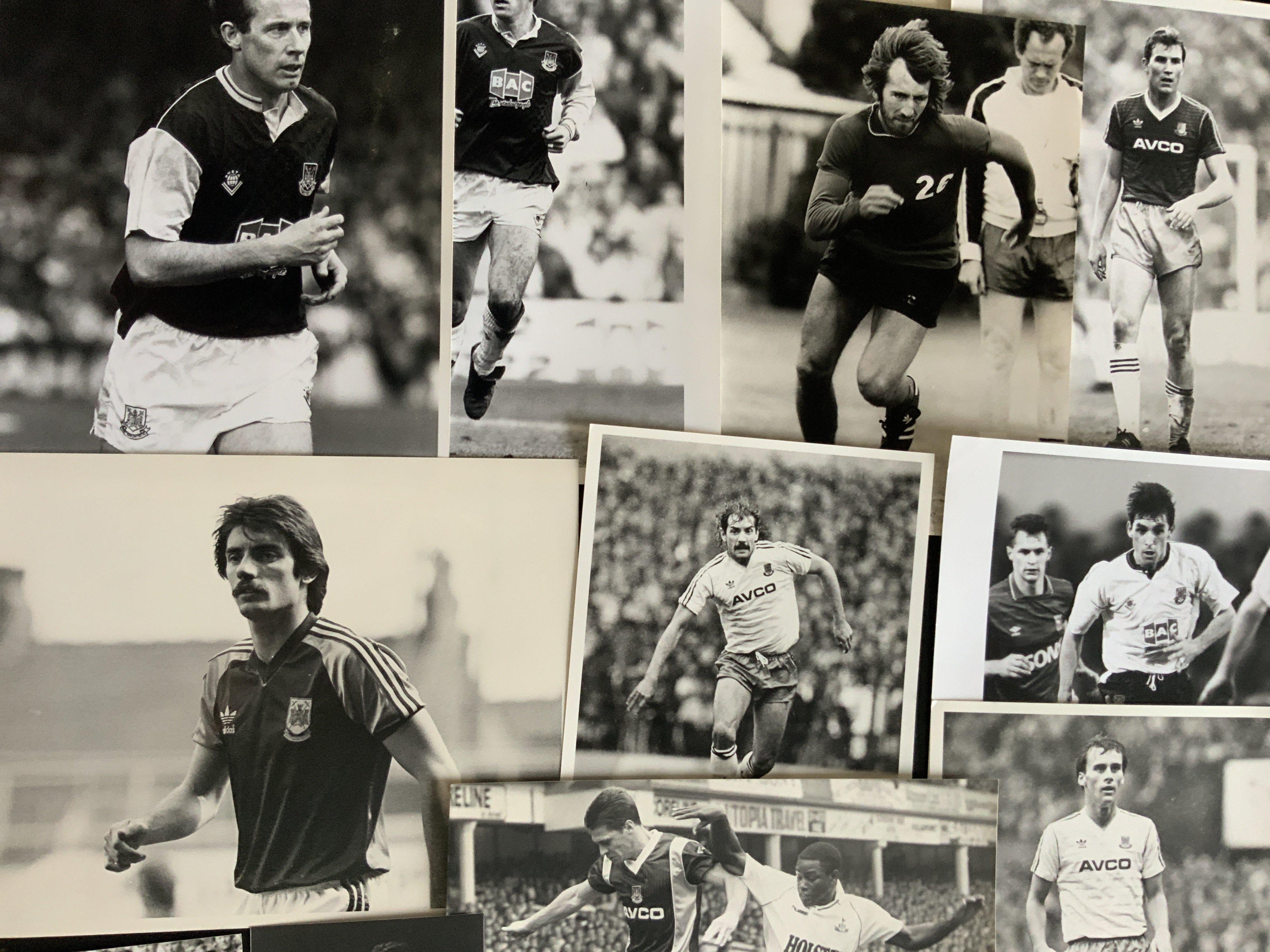 West Ham Football Press Photos: Mainly 10 x 8 black and white photos with press stamps to rear. Often match action in good condition. (72)