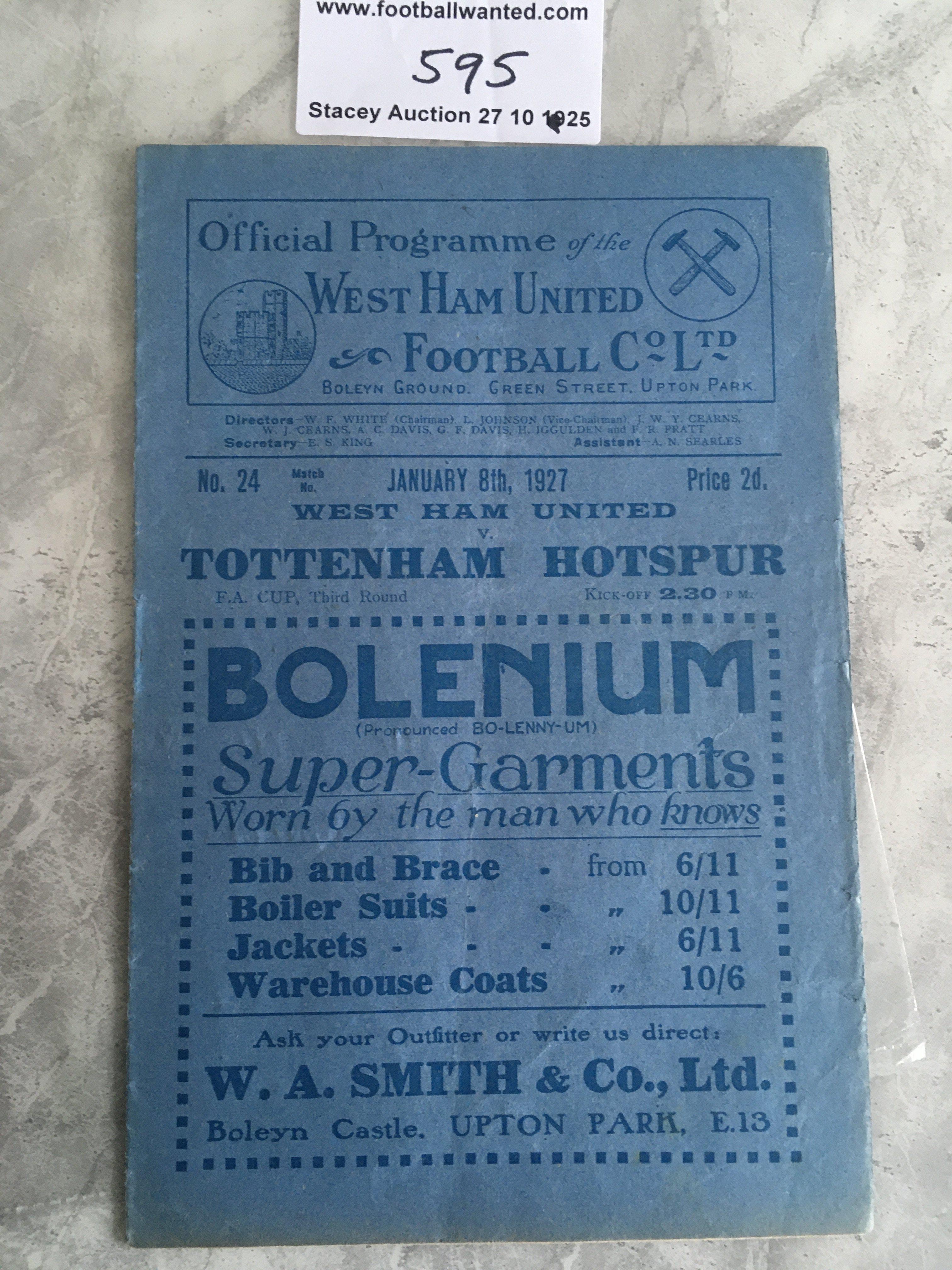 1926 - 1927 West Ham v Tottenham FA Cup Football Programme: Excellent condition dated 8 1 1927 with pencilled team changes.