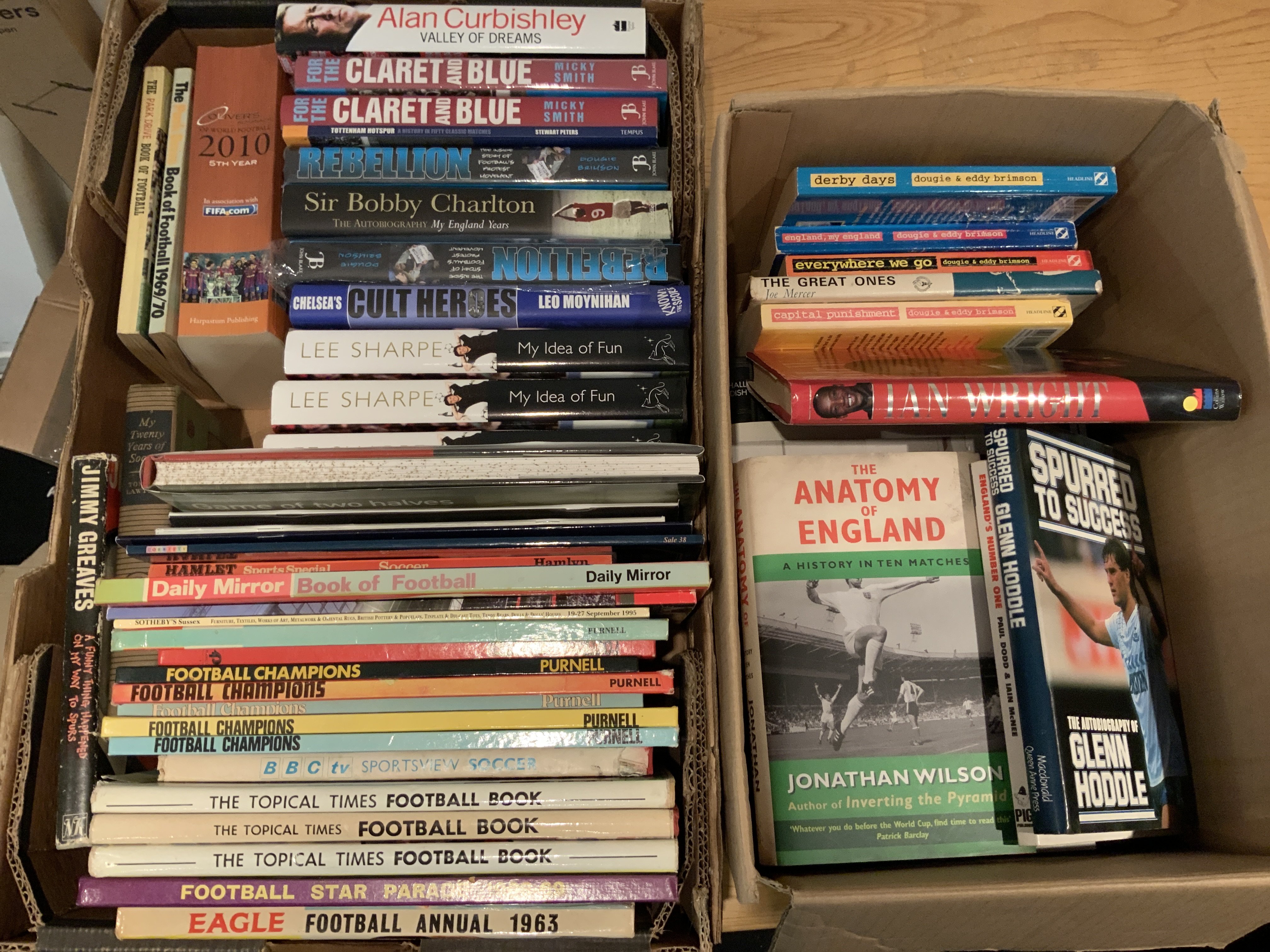 Football Book Collection: Annuals include Topical Times, Eagle, BBC Sportsview, Book Of Football, Autobiographies, Football Violence, Soccer At War, Rothmans Yearbooks 71/72 72/73 and more with duplication. Instructions to sell. (3 boxes)