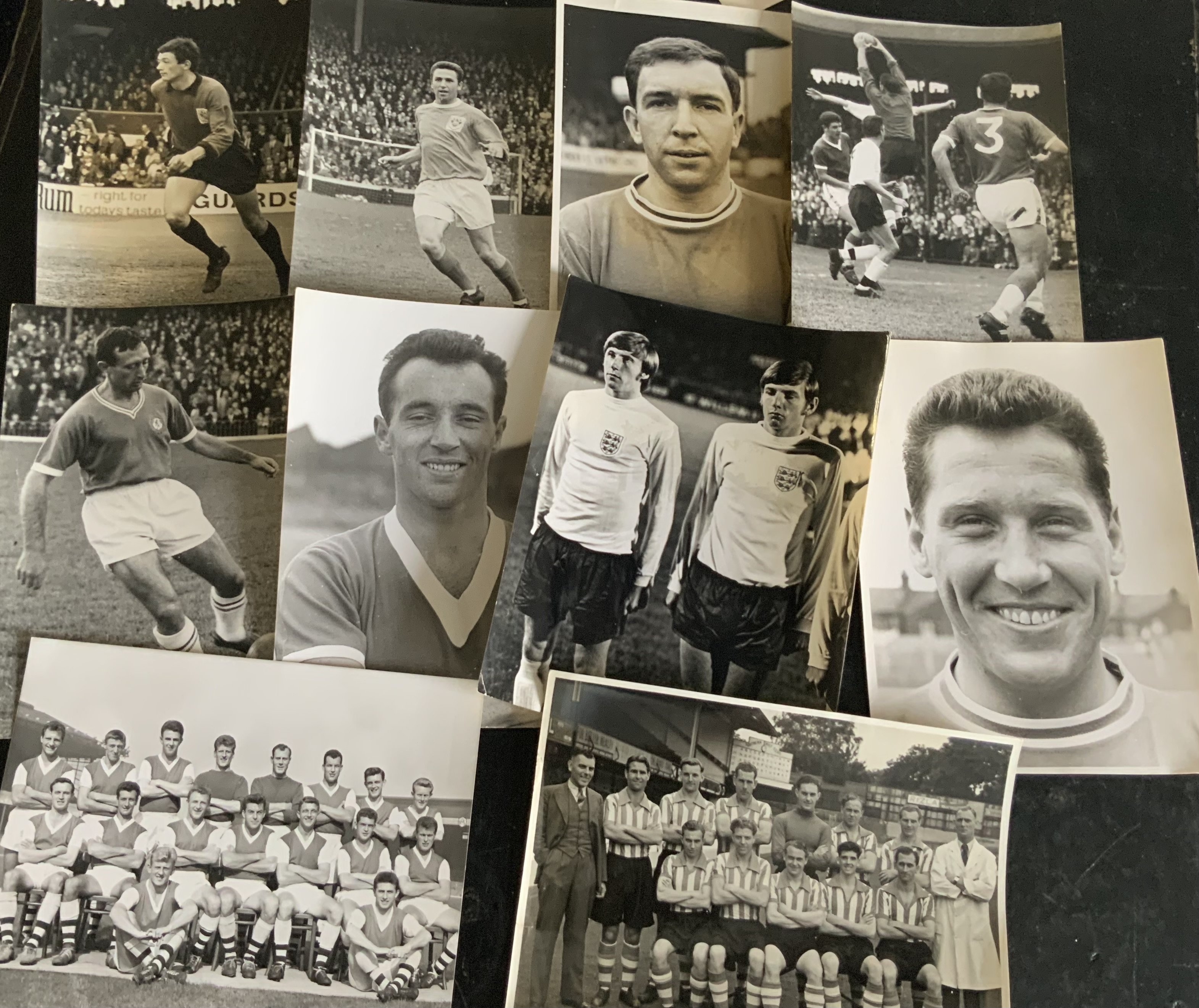 Mixed Football Press Photos: Mainly 10 x 8 black and white photos, many with press stamps to rear. Often match action including to include Arsenal, England, Orient, West Ham and many more. Covers 1940s to 1960s. Good. (55)