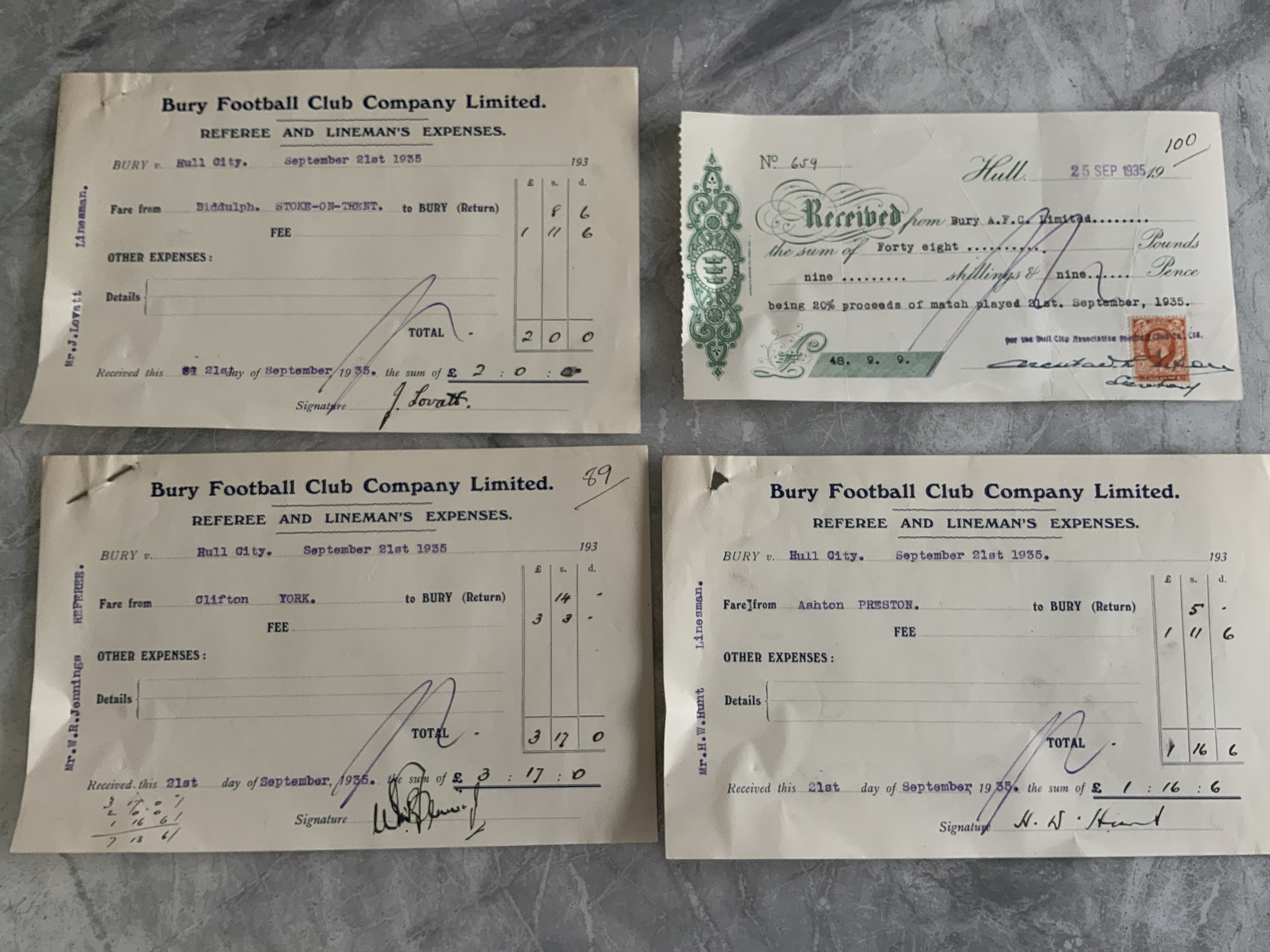 35/36 Bury v Hull City Invoices + Receipts: From Bury for the travelling expenses of all 3 Referee/ Linesman. C/W a receipt from Bury for 48 pounds (20 per cent of proceeds) of the match. Nice items from the great old football league club. (4)