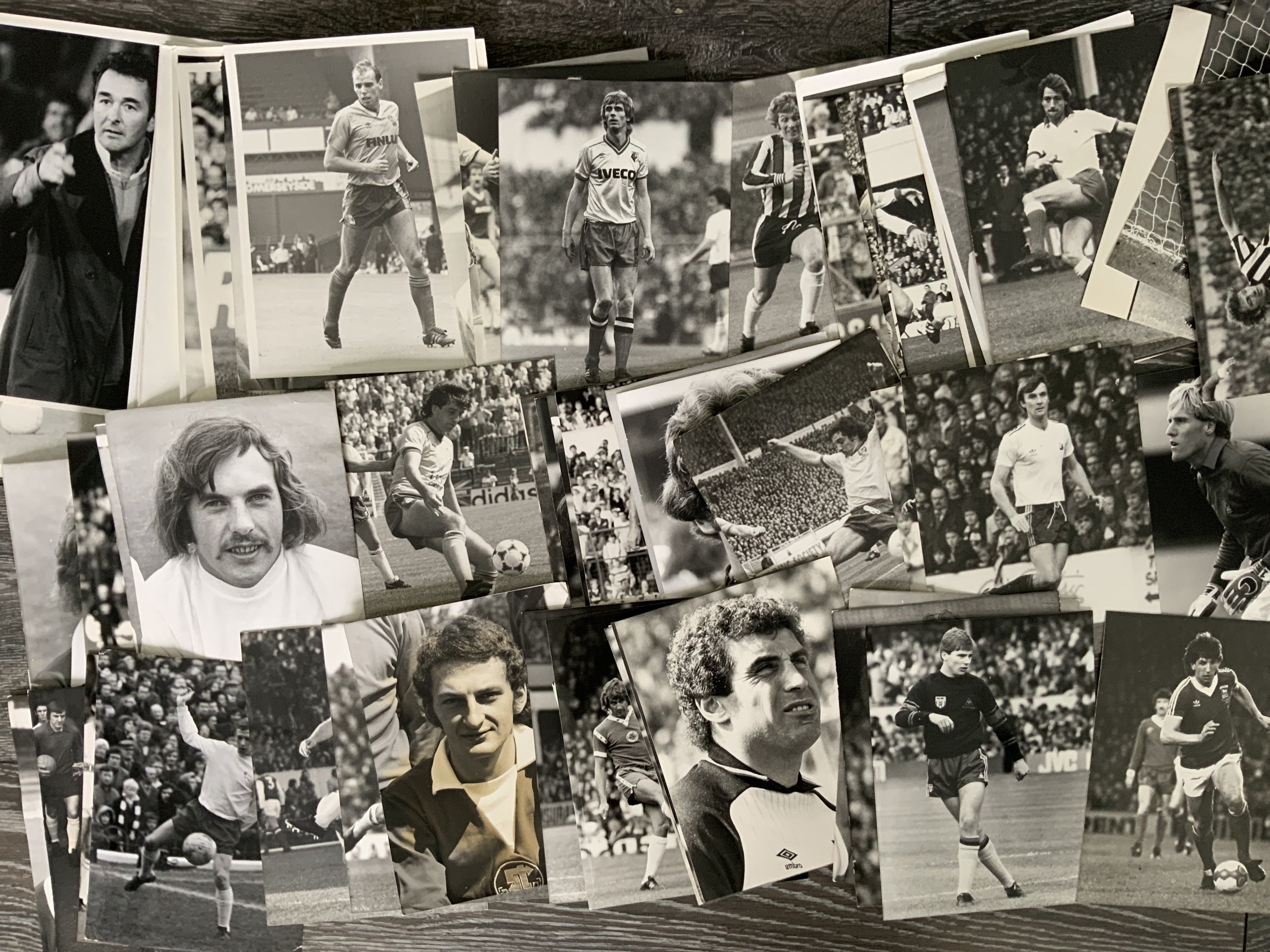 Football Press Photos: An even mix of 70s and 80s black and white photos with press stamps. Majority 8 x 6 inches or larger. Some having annotations. (66)