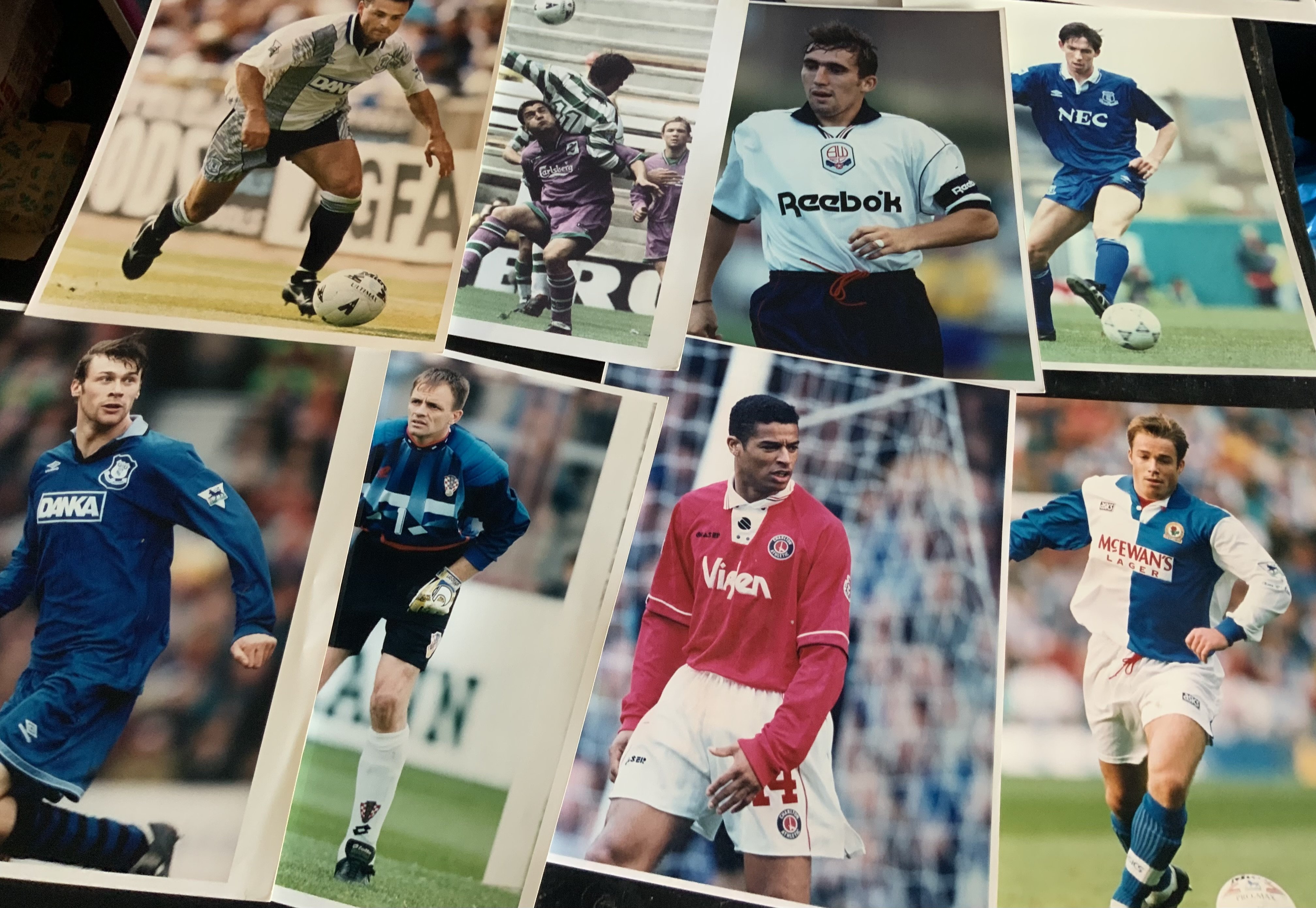 1990s Football Press Photos: Teams A-H. All 10 x 8 colour photos with press stamps to rear. Often match action in good condition. (127)