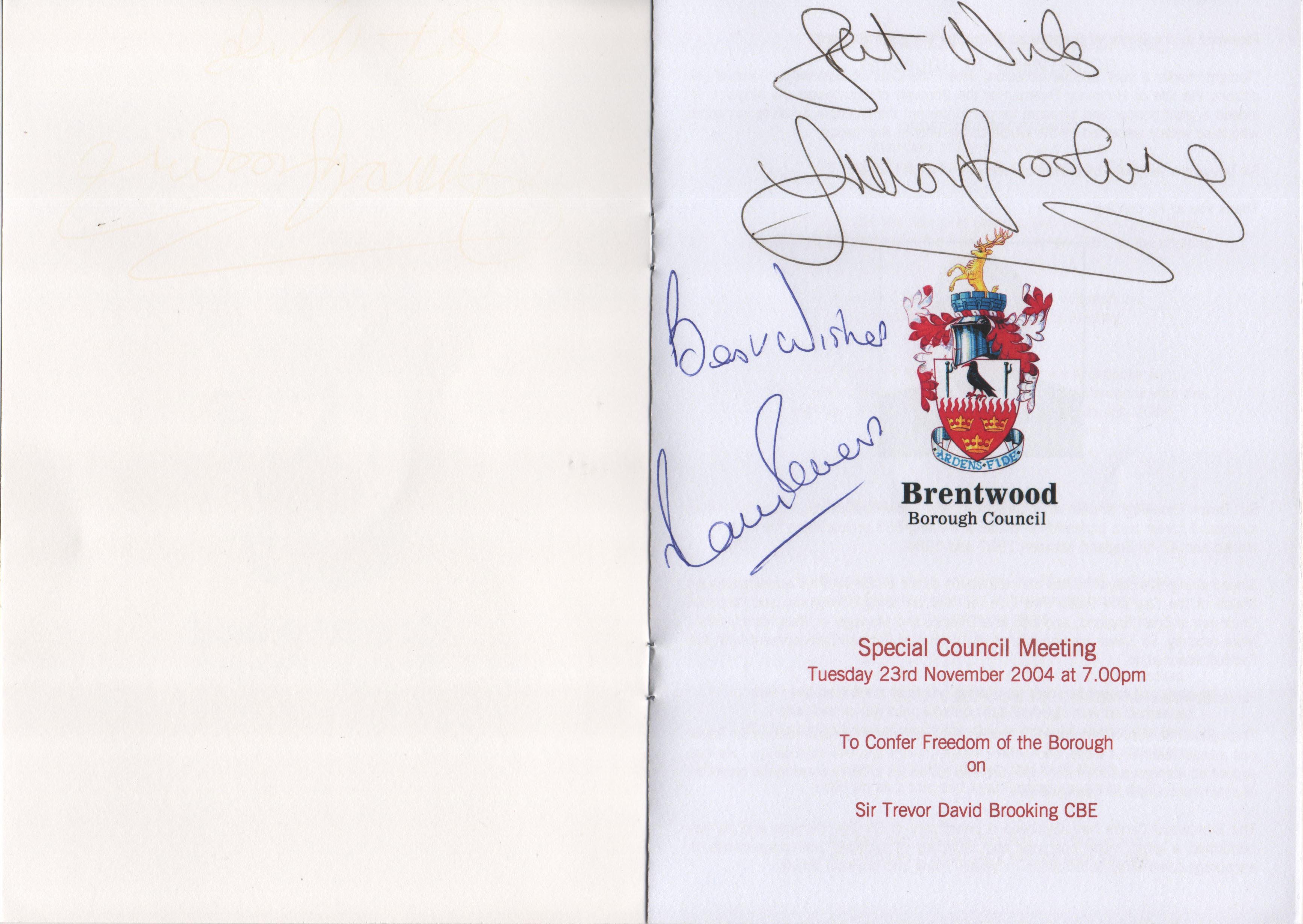 Trevor Brooking Football Memorabilia: From John Lyalls personal collection over the years to include an ashtray from the Royal Sporting Club 1982. Includes Freedom of Brentwood brochure signed by Lyall, 3 photos and Brookings testimonial programme signed by Brooking and Lyall.