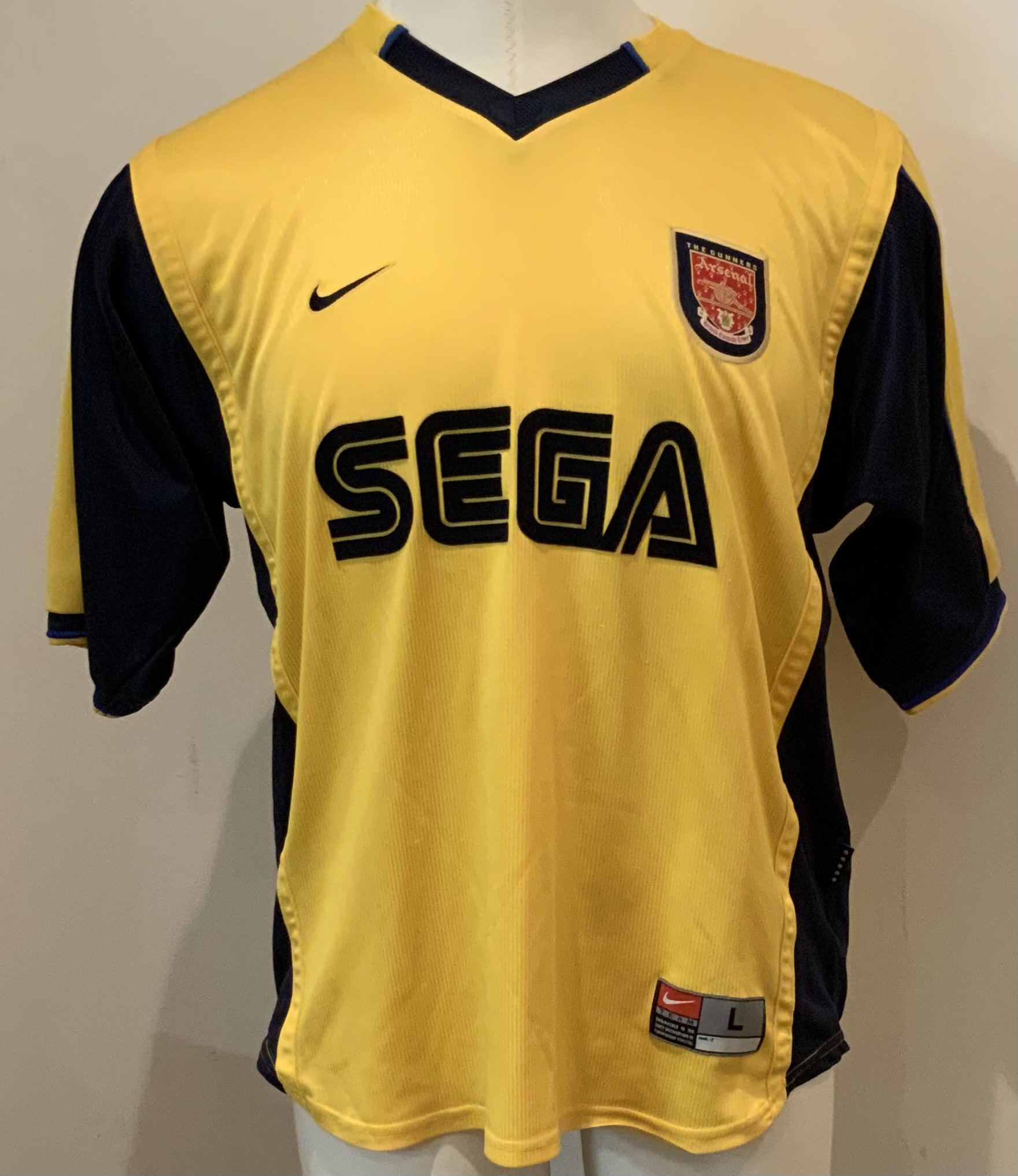 Arsenal 99 - 01 Away Football Shirt: Short sleeve yellow replica Sega in good condition. Size large.