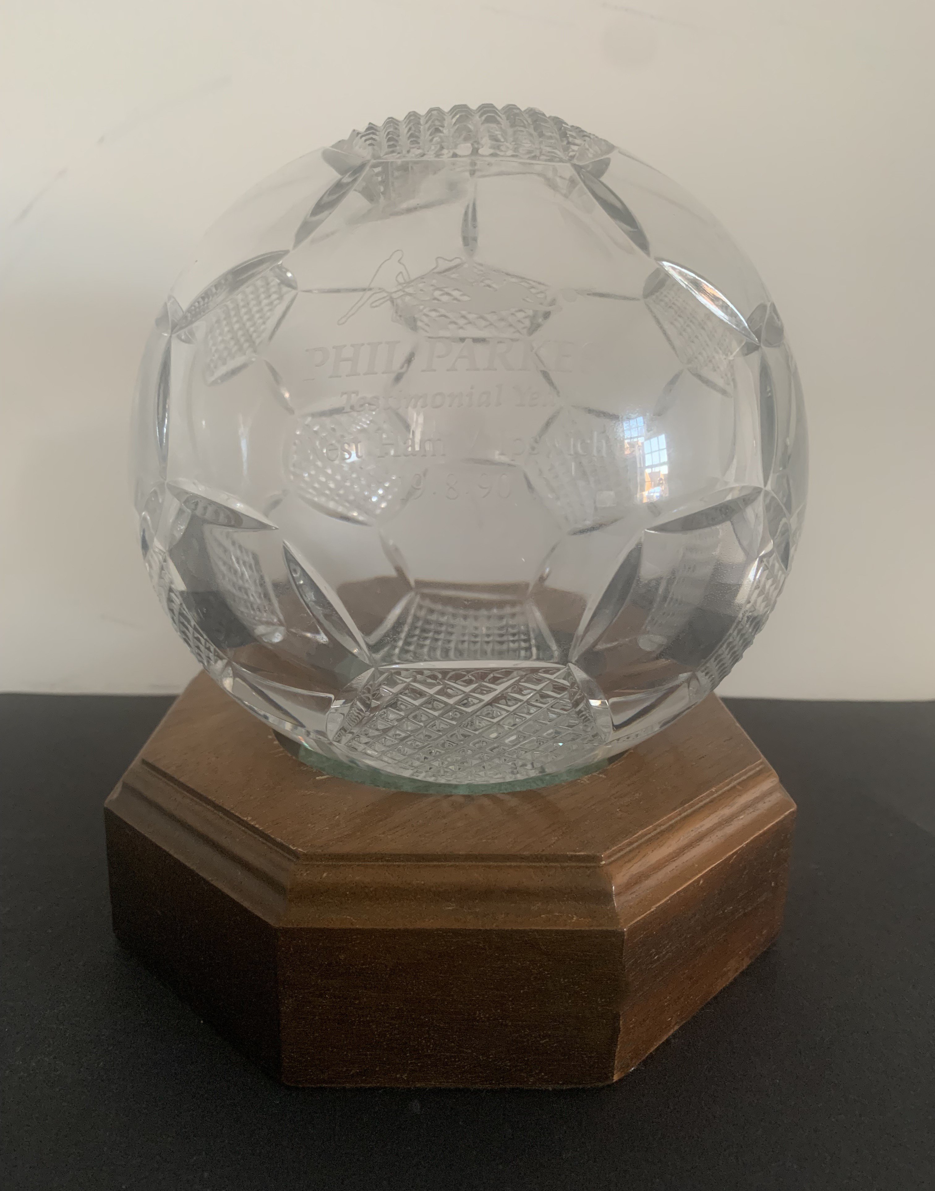 1990 Phil Parkes West Ham v Ipswich Testimonial Gift: Glass ball on wooden base given to then Ipswich manager John Lyall. The ball has been etched with the details of the match. C/W a photo of them both that John kept.