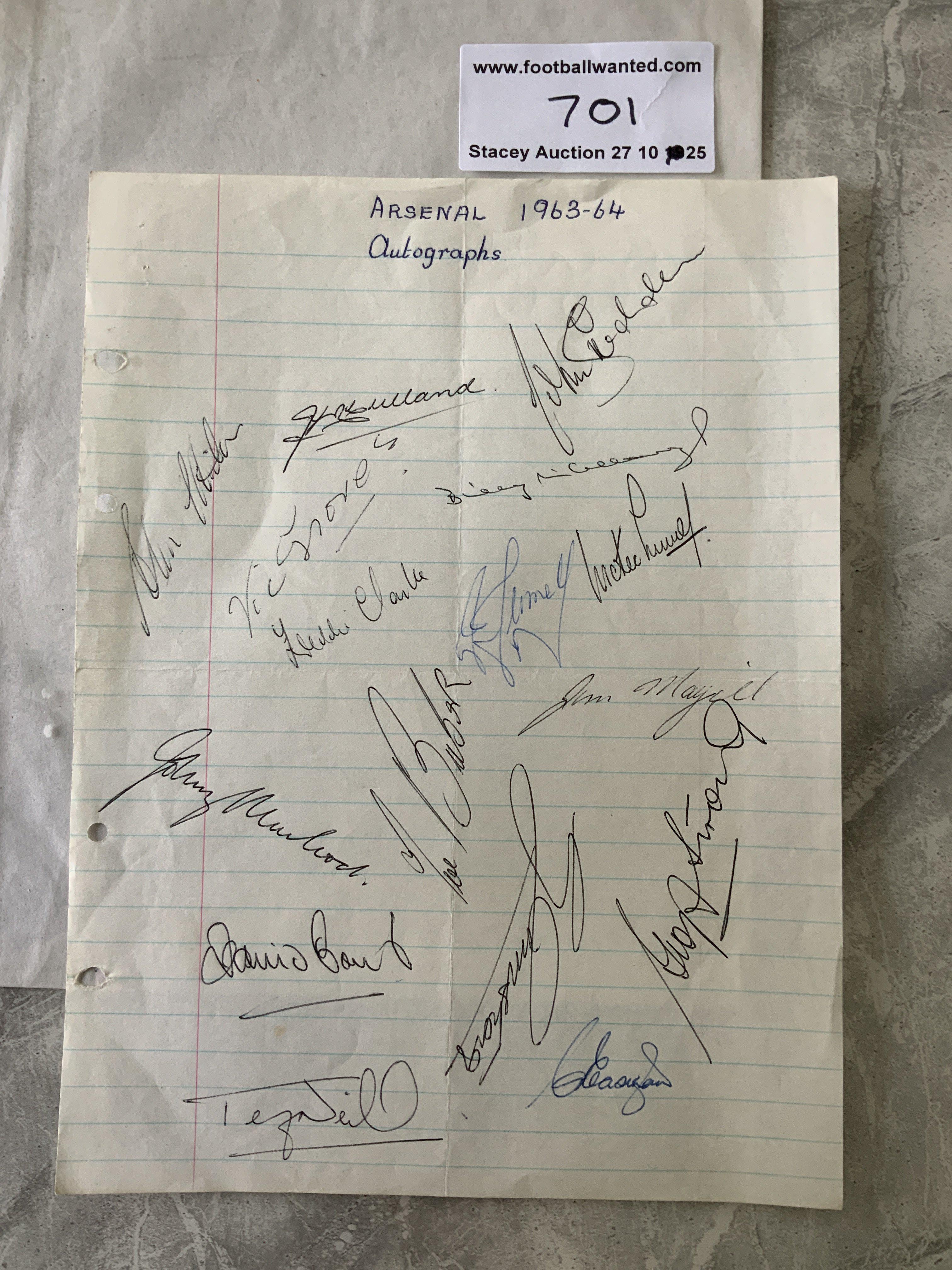 63/64 Arsenal Football Autograph Page: Lined page containing 16 hand signed signatures including Terry Neil and Vic Groves.