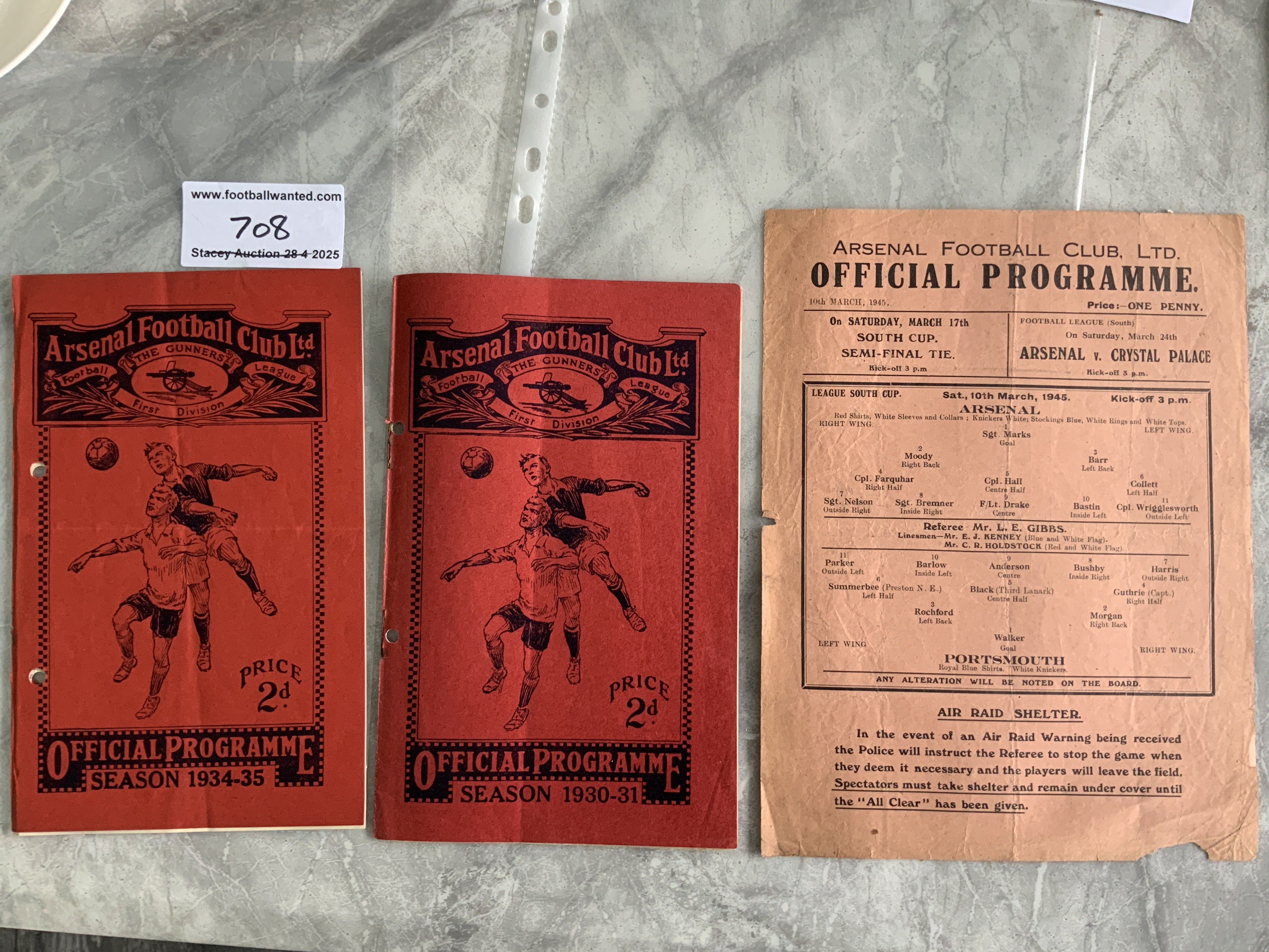 Arsenal v Portsmouth Football Programmes: 30/31 + 34/35 both 1st division with punch holes plus 44/45 with small piece missing from border. (3)