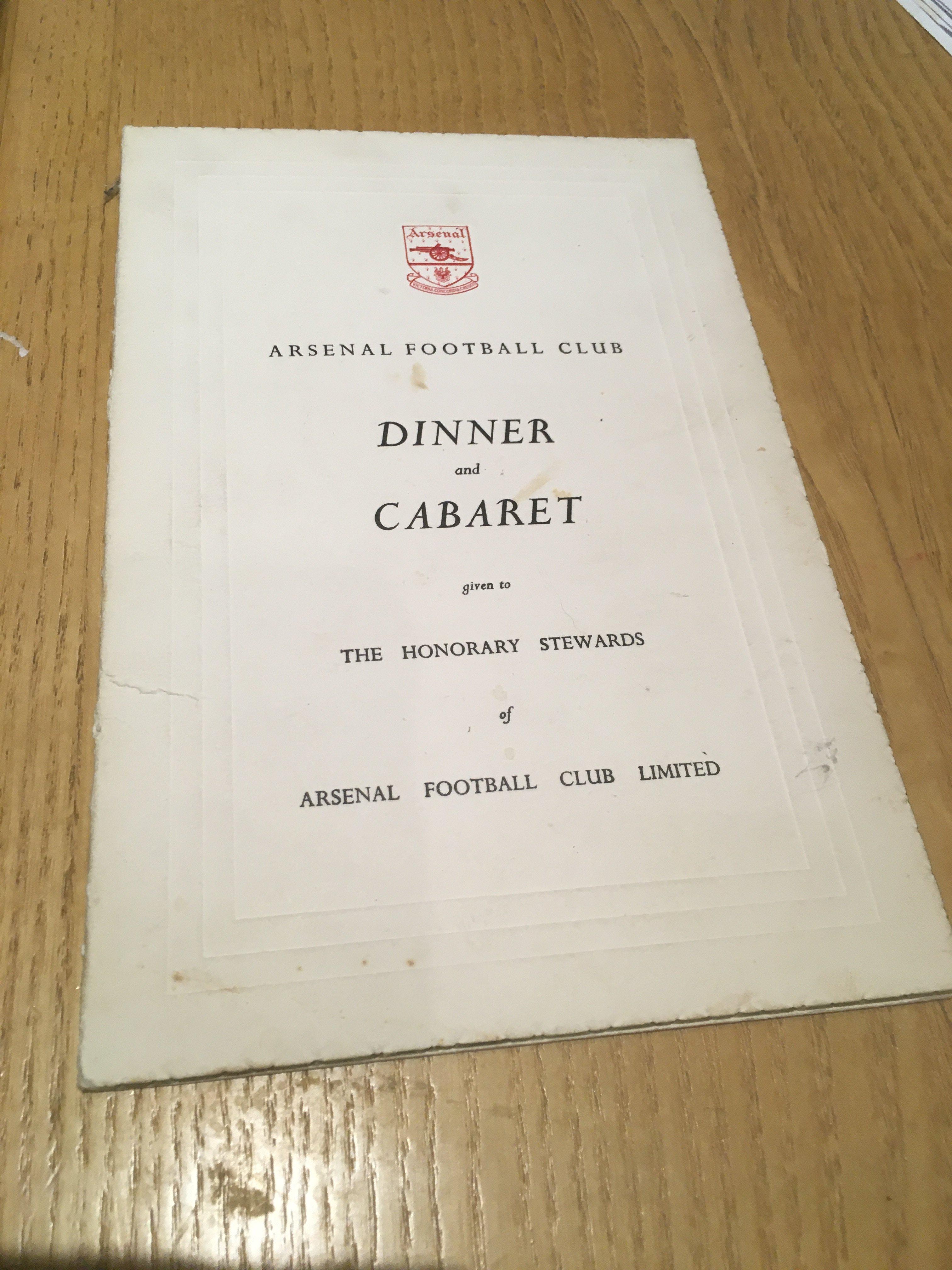 Arsenal 1966 Signed Honorary Stewards Dinner Menu: Held at Mansion House at Christmas 1966. Signed inside by Bertie Mee and the Mayor Of London. Rear blank page is signed by 19 but not players. C/W invite.