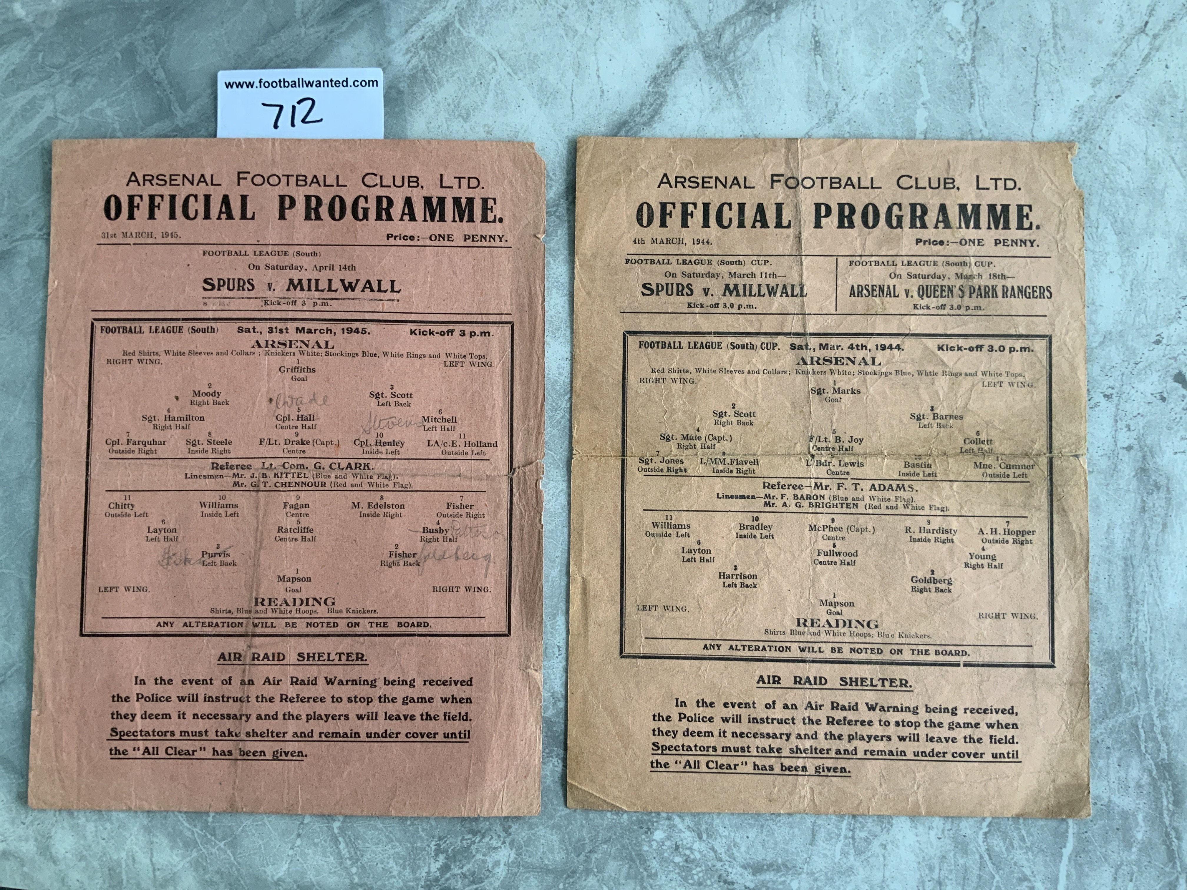 Arsenal v Reading Football Programmes: 43/44 Cup + 44/45 League both in fair condition. (2)