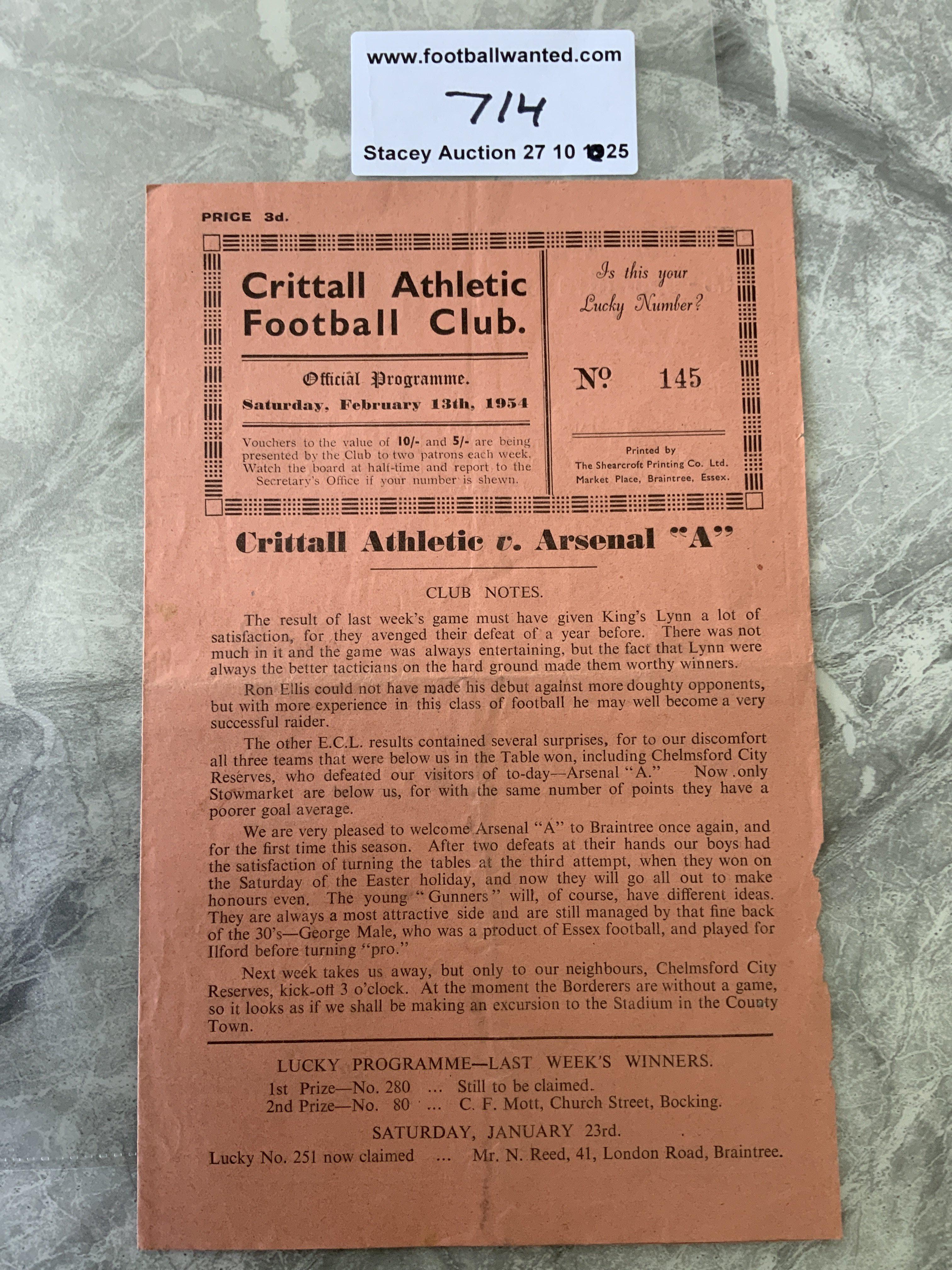 53/54 Crittall v Arsenal A Football Programme: Eastern Counties League match with team changes dated 13 2 1954. Good.