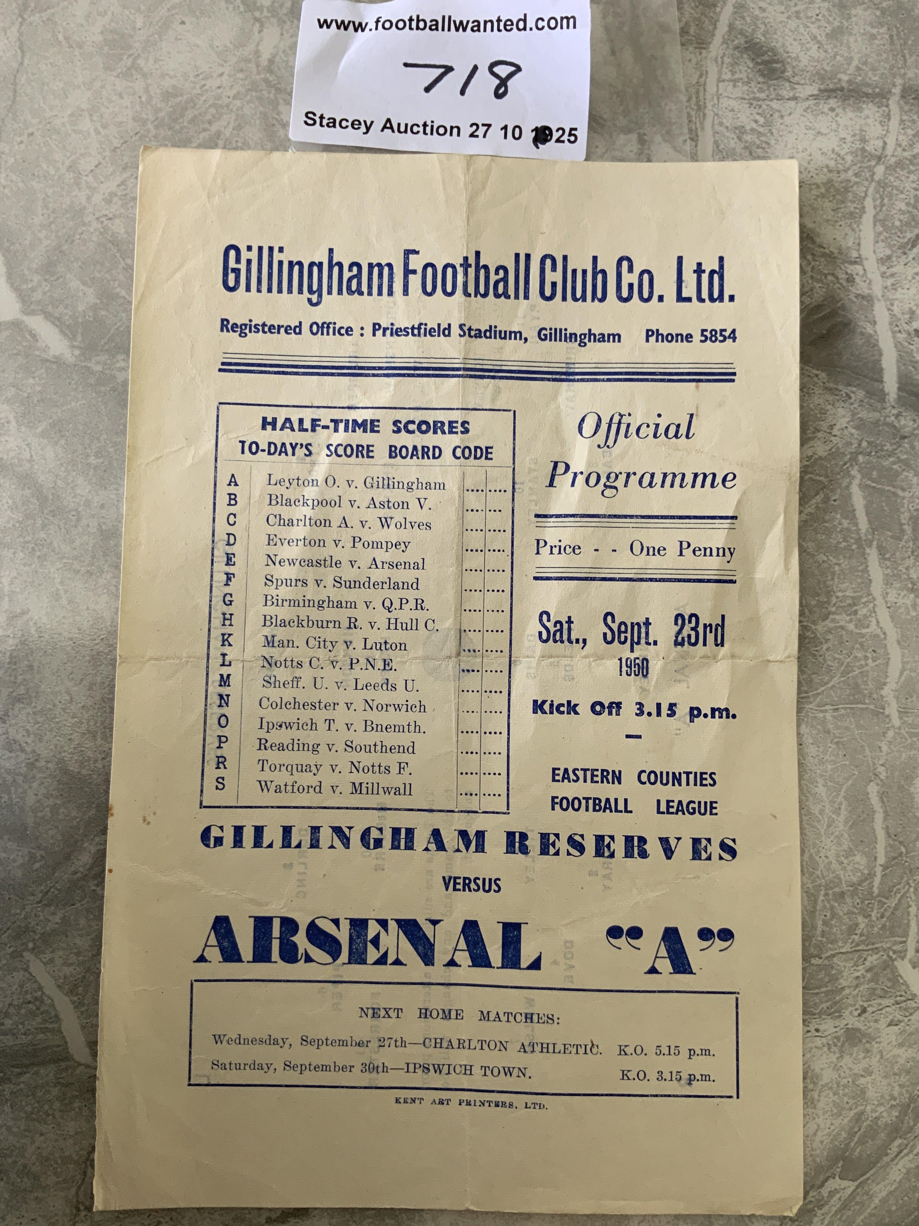 50/51 Gillingham Reserves v Arsenal A Football Programme: Eastern Counties League single sheet with no team changes dated 23 9 1950. Good with folding. Gillinghams first season back in the Football League.