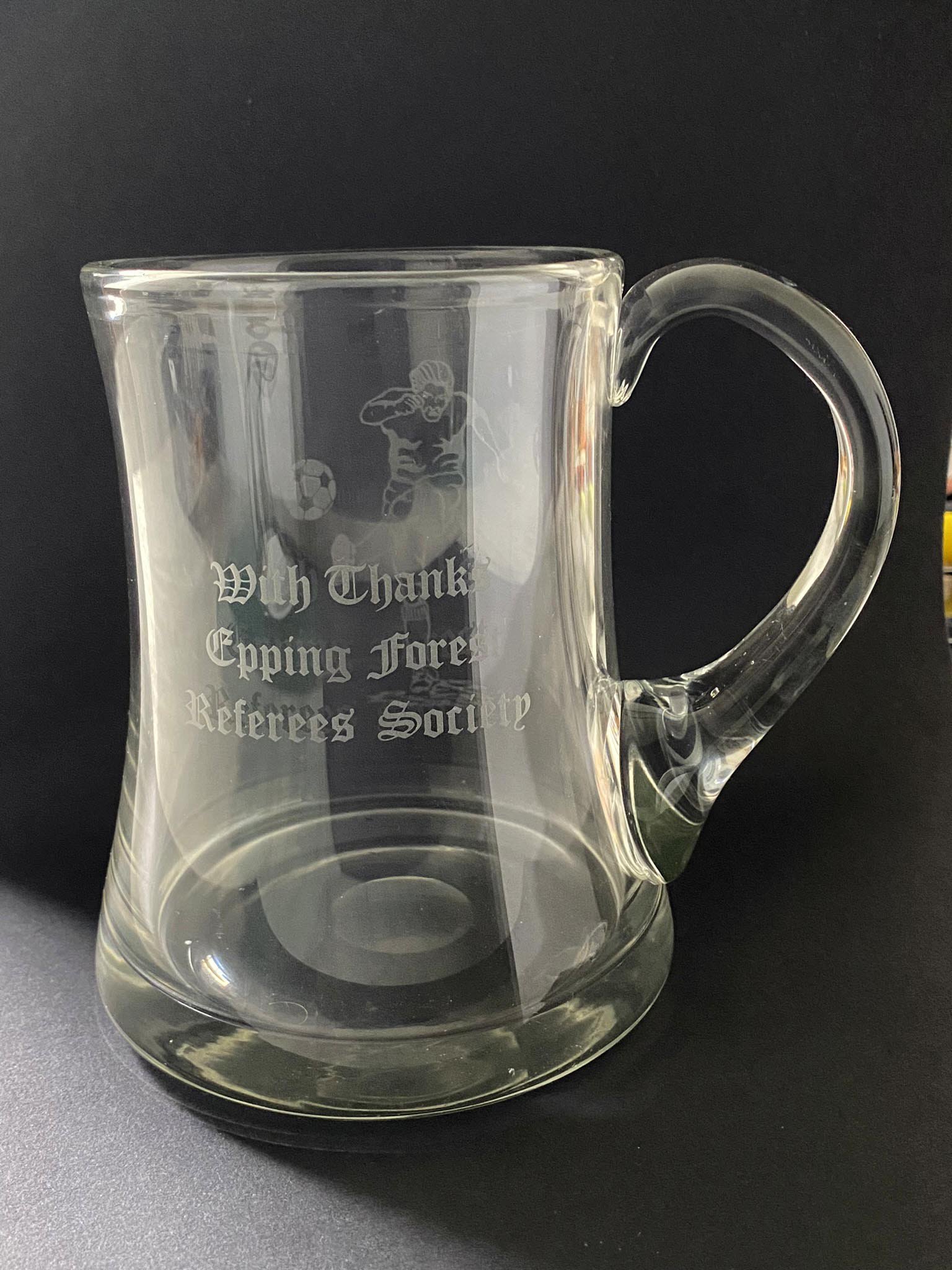John Lyalls Football Tankards: 84/85 West Ham v Tottenham (Ampofo test) tankard plus glass tankards for 1988 Mercantile Credit and Epping Forest Referees Society where he gave a talk.